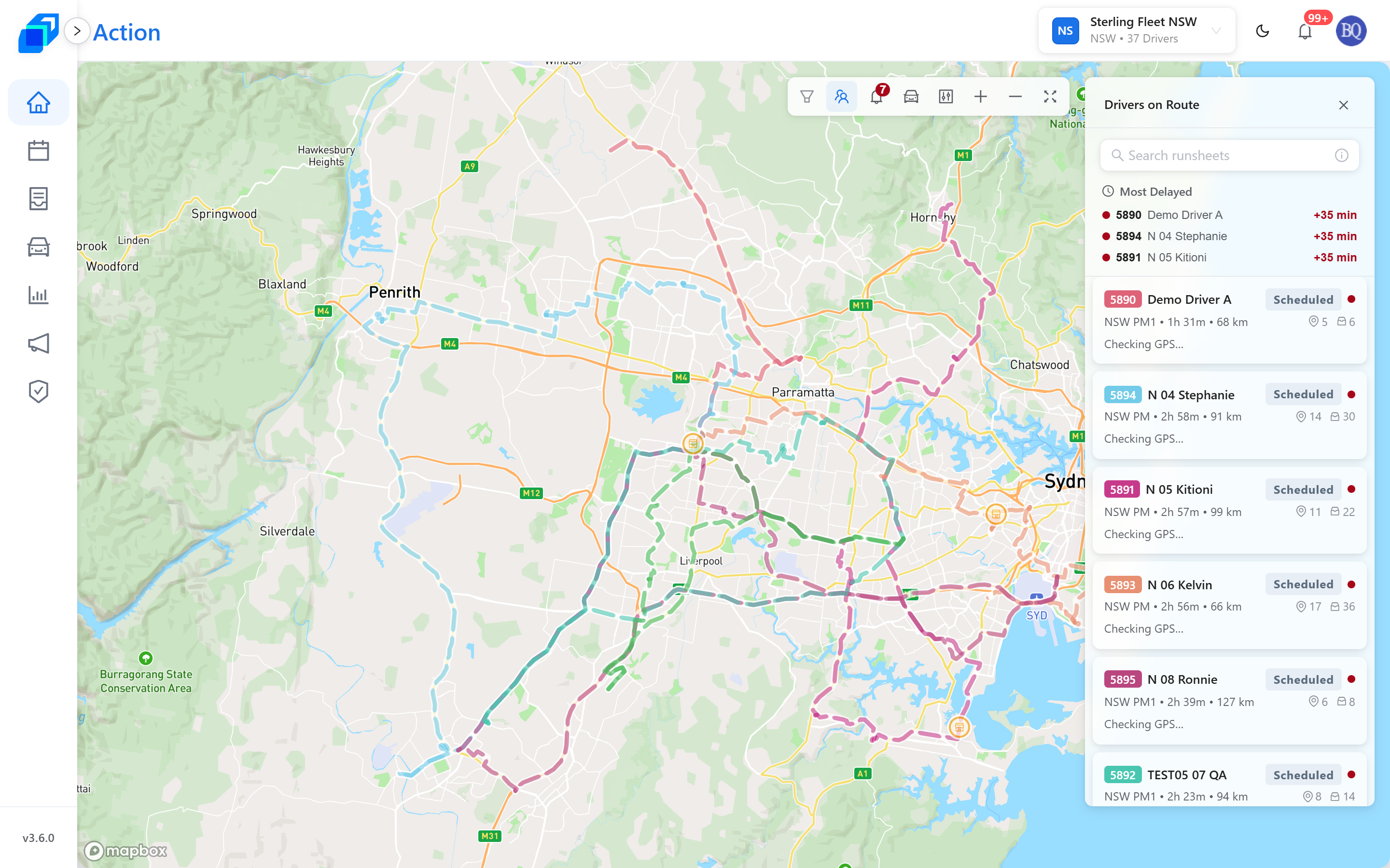 The Drivers on Route list – the search box, a dot on each card, and the card anatomy