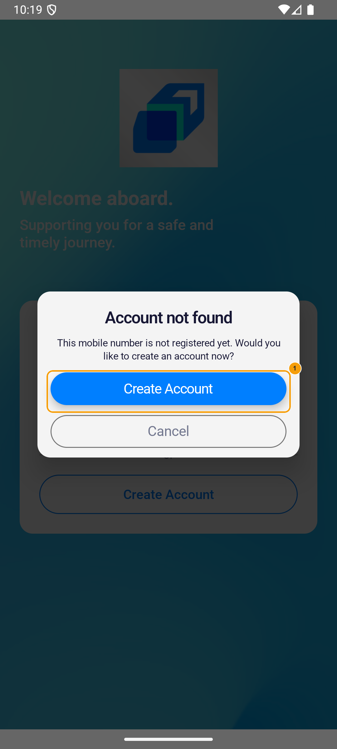 Android Account not found dialog with Create Account highlighted