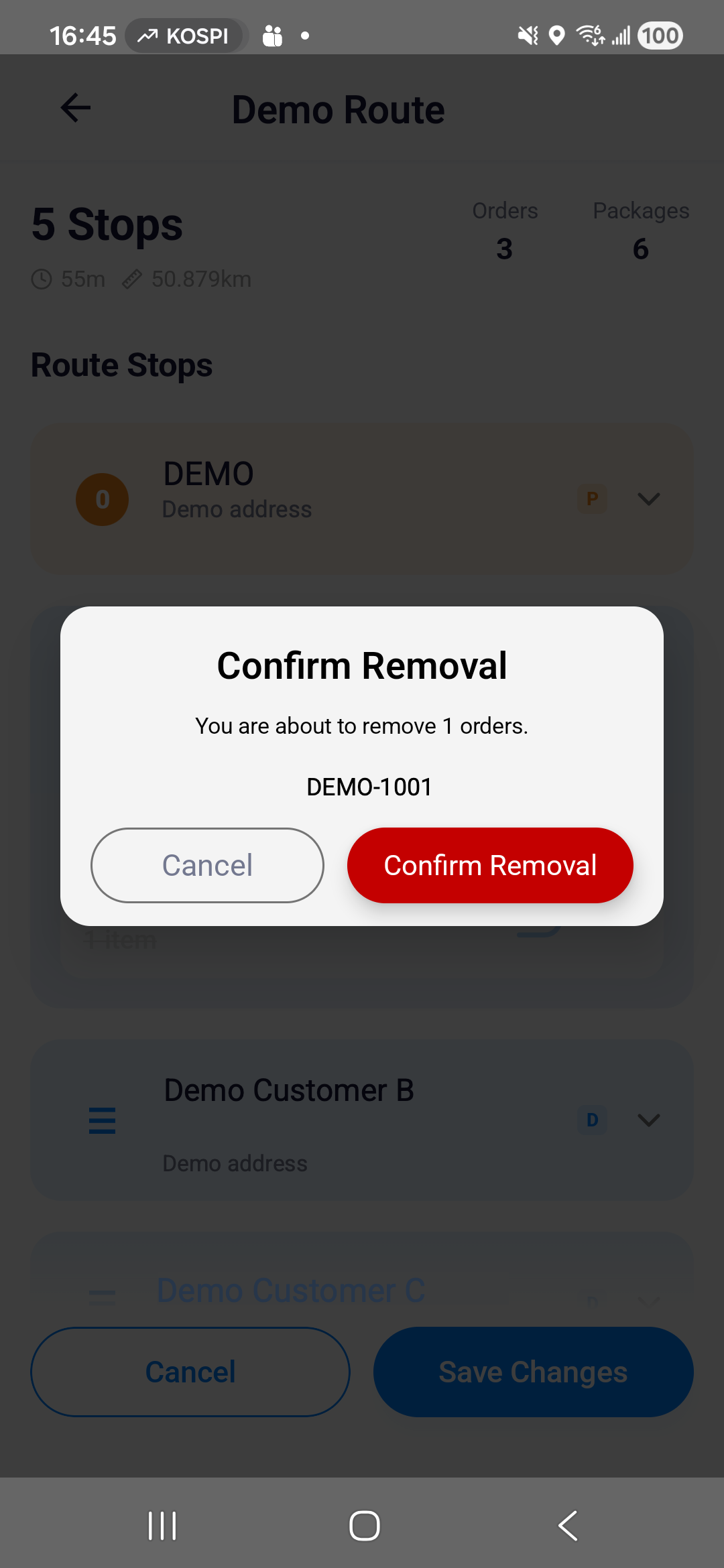 Android Confirm Removal dialog listing DEMO-1001, with Cancel and Confirm Removal