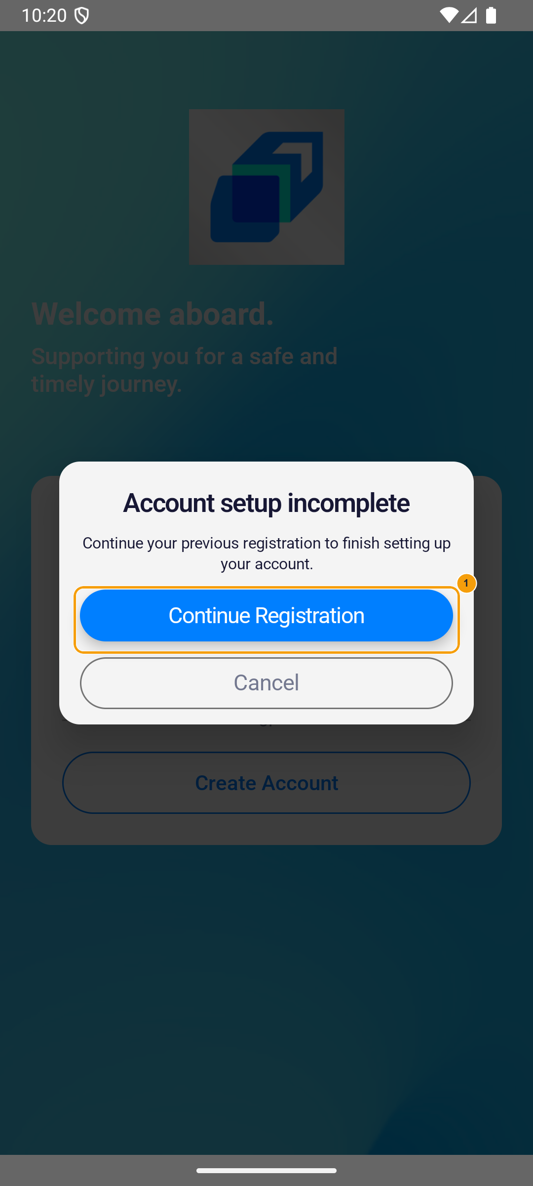 Android Account setup incomplete dialog with Continue Registration highlighted