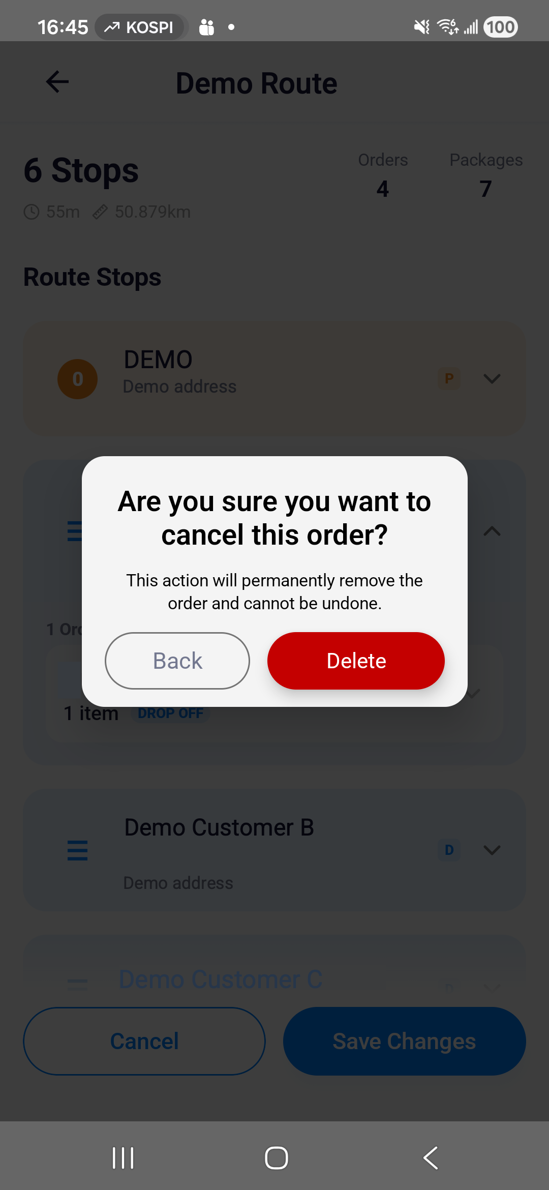 Android order cancellation confirmation with Back and Delete