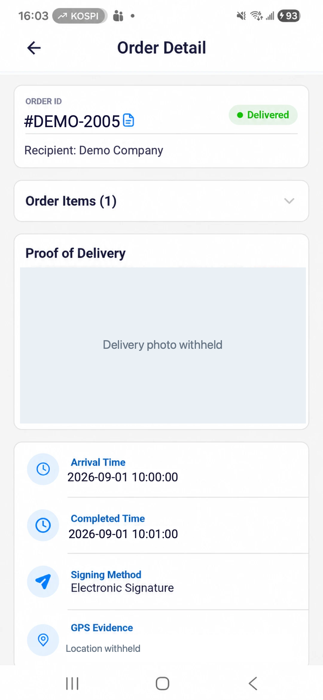 Order Detail with demo order information; the delivery photo and GPS location are fully withheld for privacy