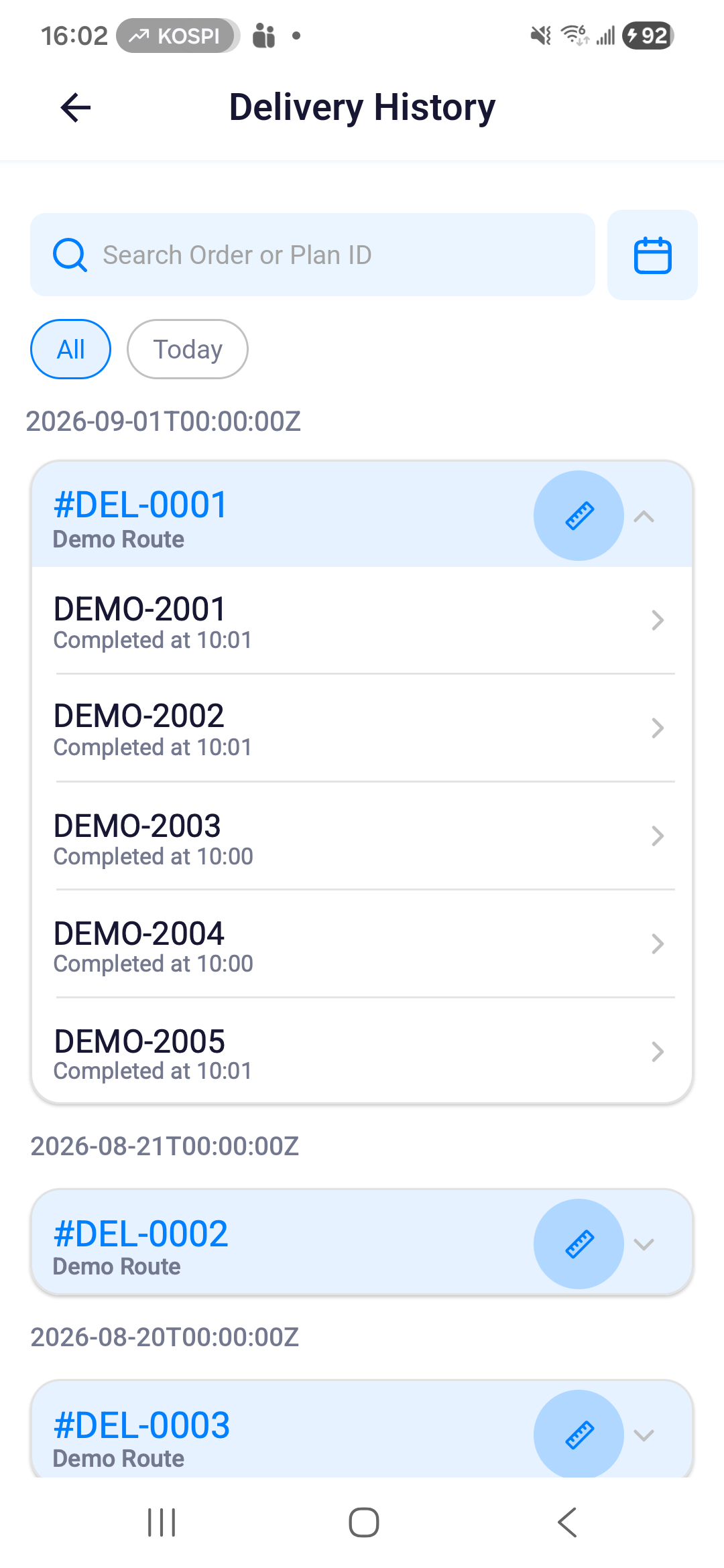 Expanded Delivery History route with completed order rows in the Android app