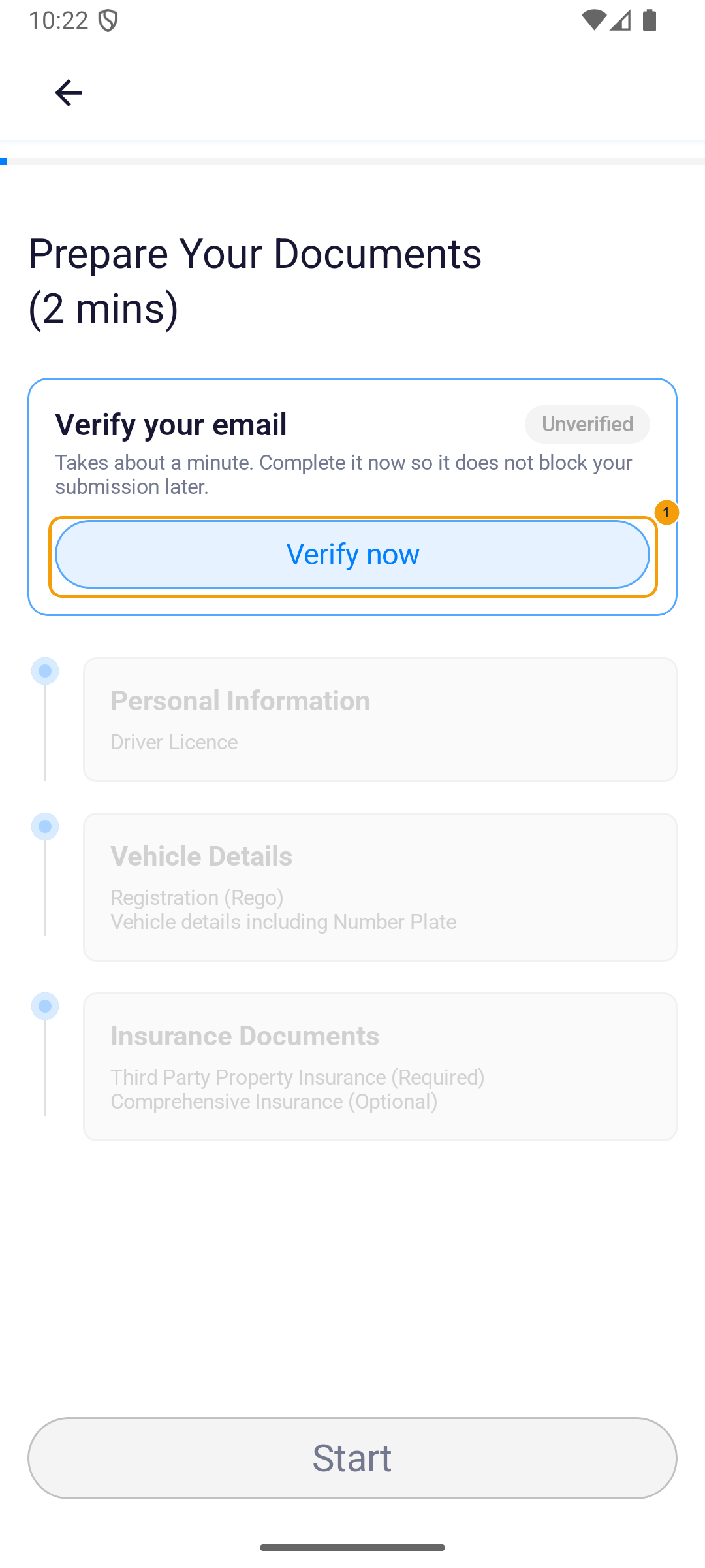 Android Prepare Your Documents screen with Verify now highlighted