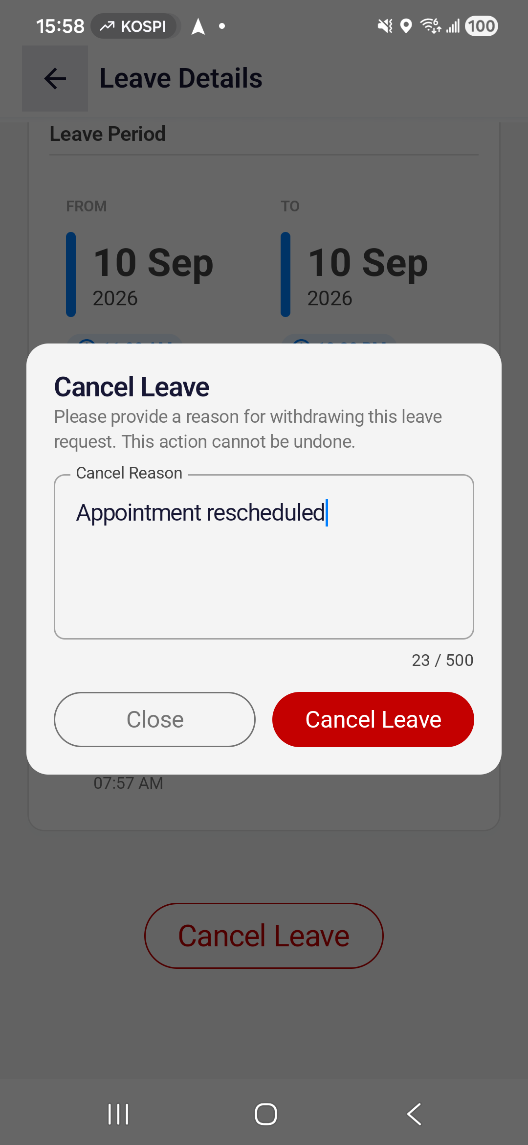 Android cancellation dialog with a reason, Close and the red Cancel Leave confirmation