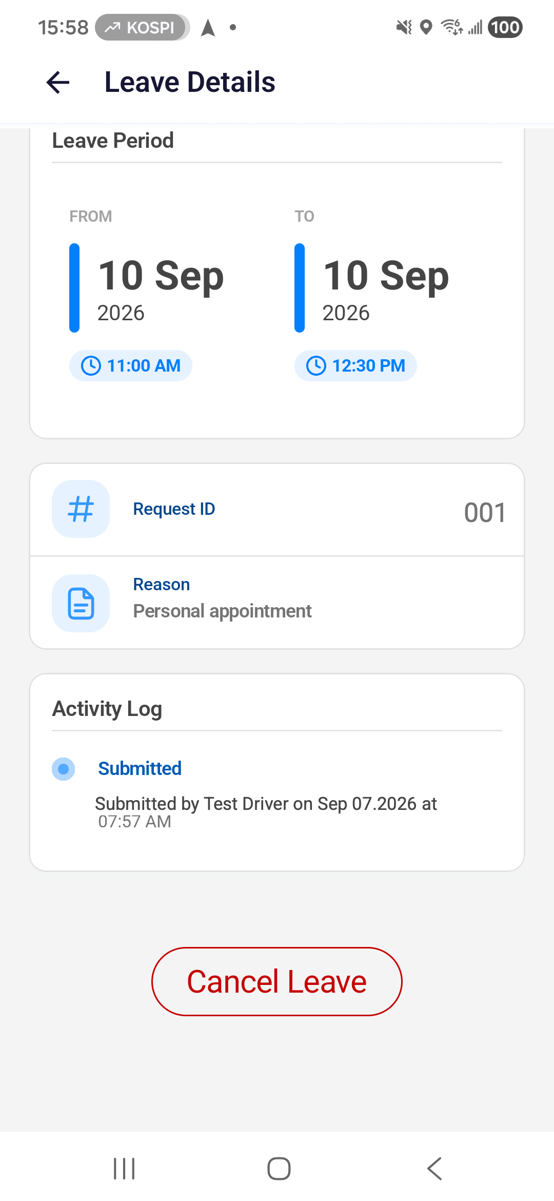 Android Leave Details scrolled to Activity Log and the Cancel Leave button