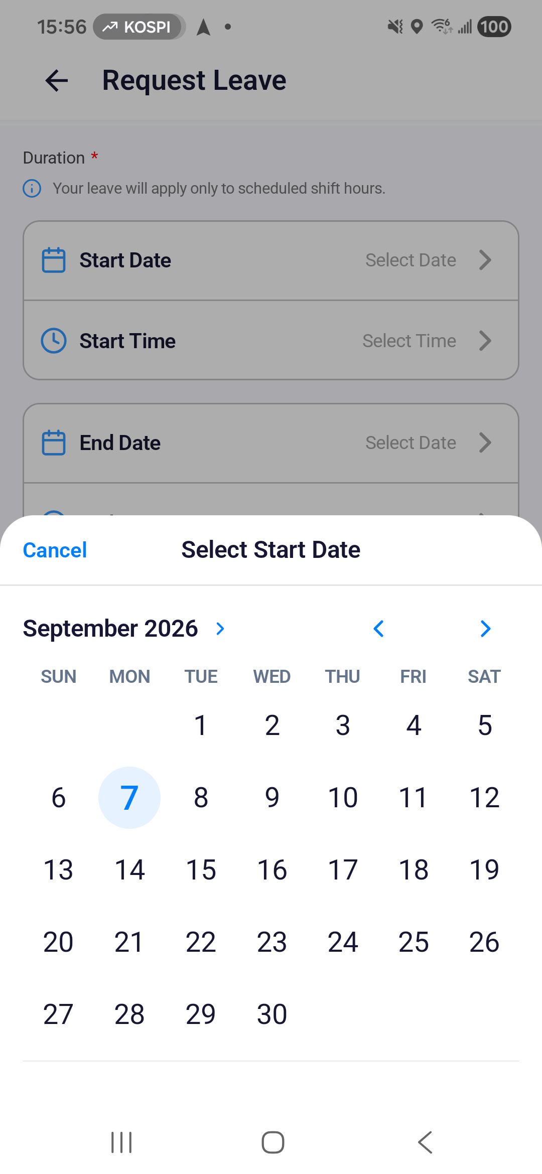 Android Select Start Date calendar opened from the leave form