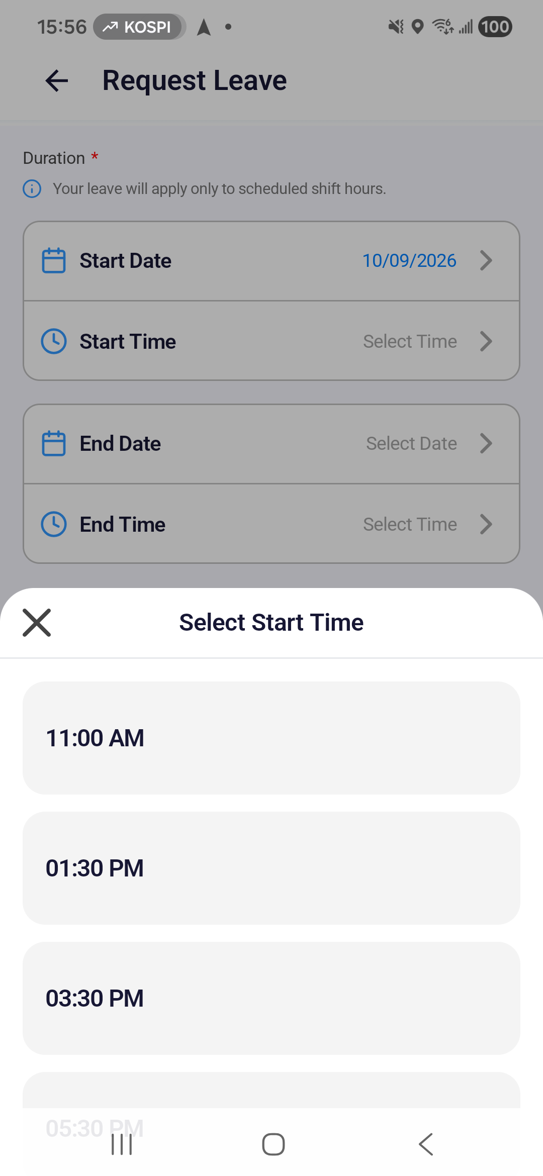 Android Select Start Time list showing the available times