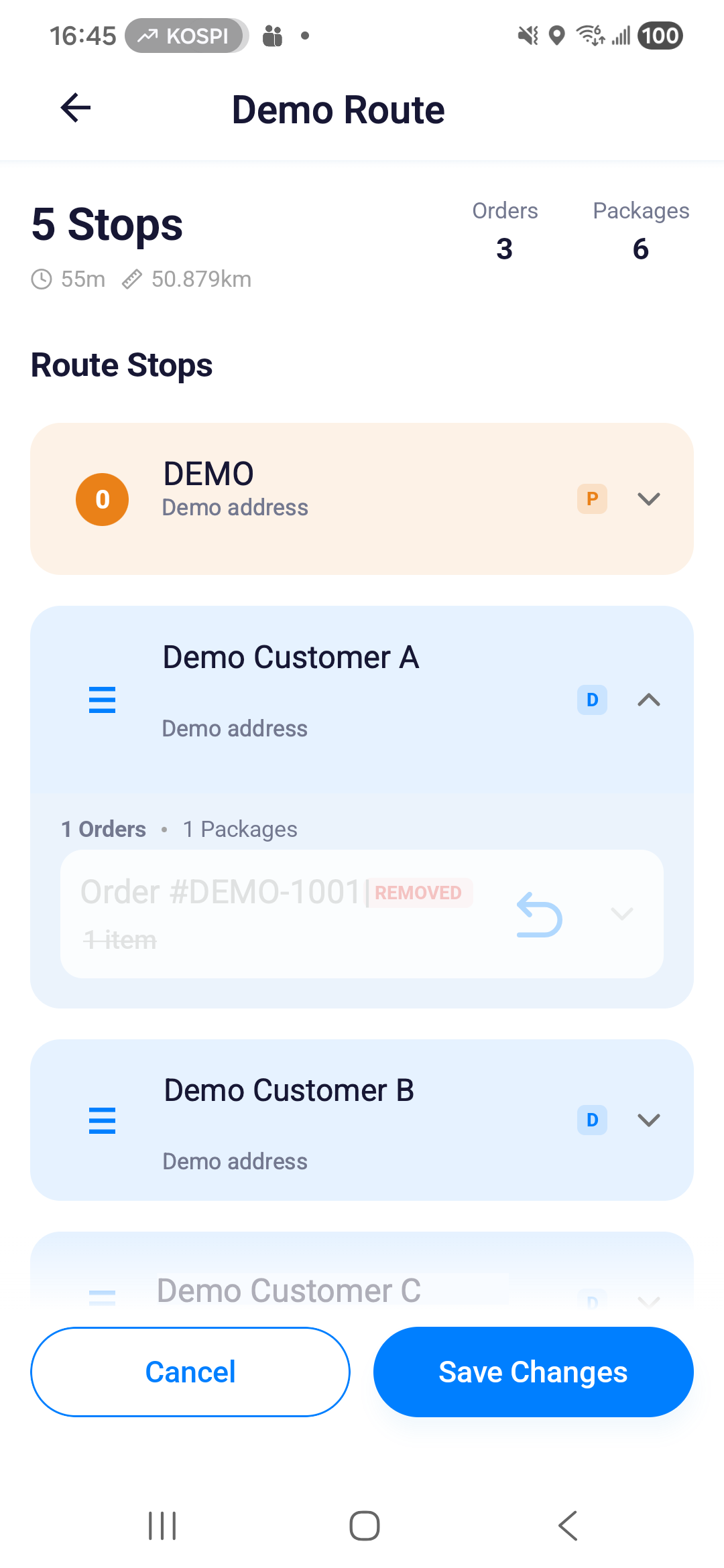 Android pending removal with REMOVED, the restore arrow and Save Changes