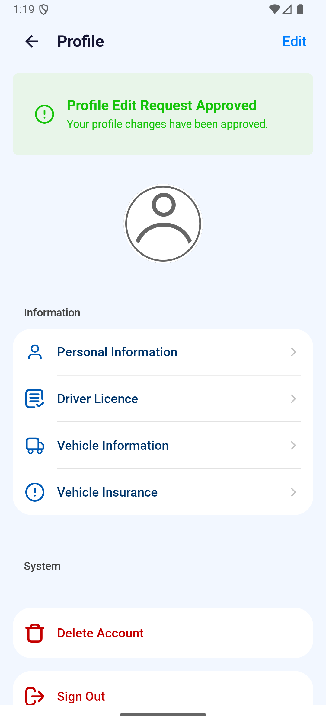 Android Profile with Edit and Vehicle Information visible
