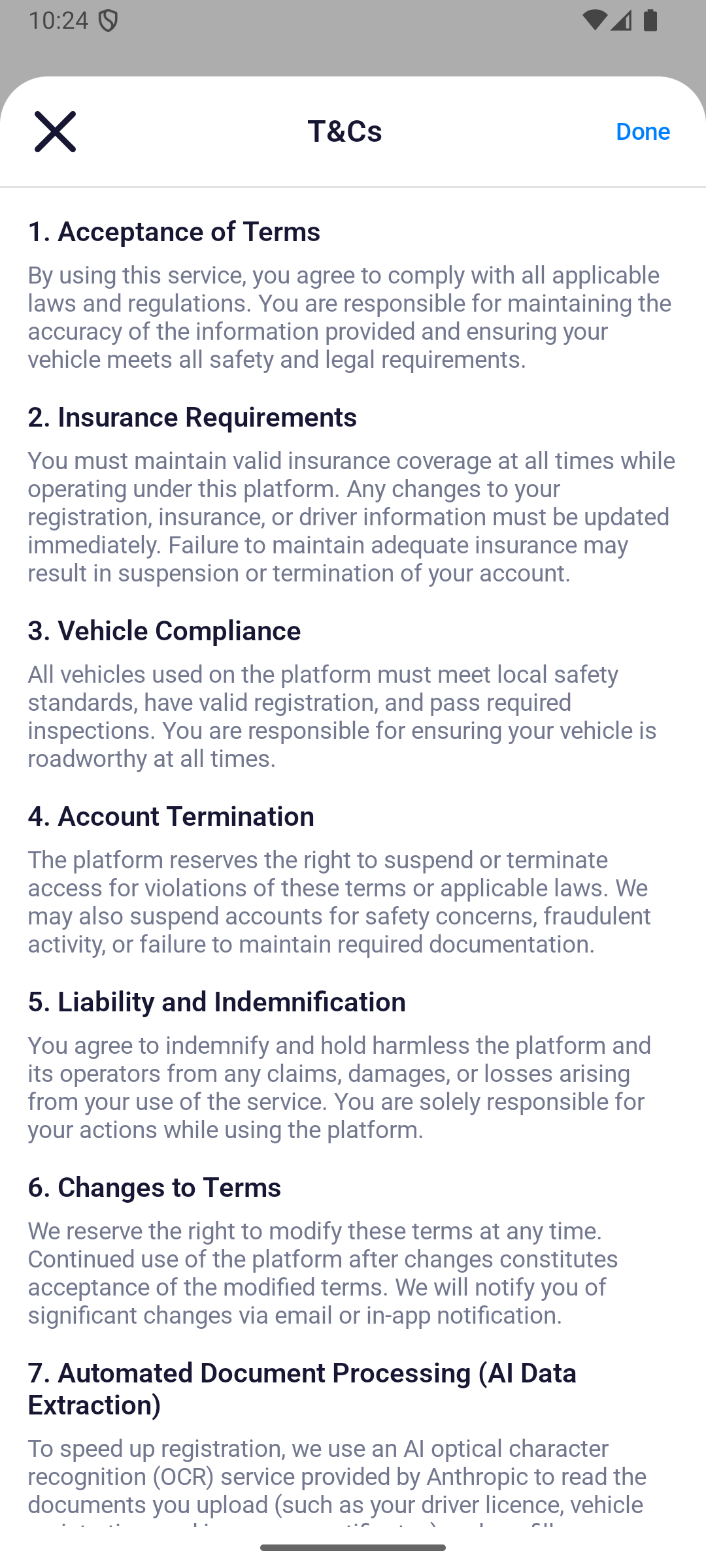 Android T&Cs sheet opened from the final registration review