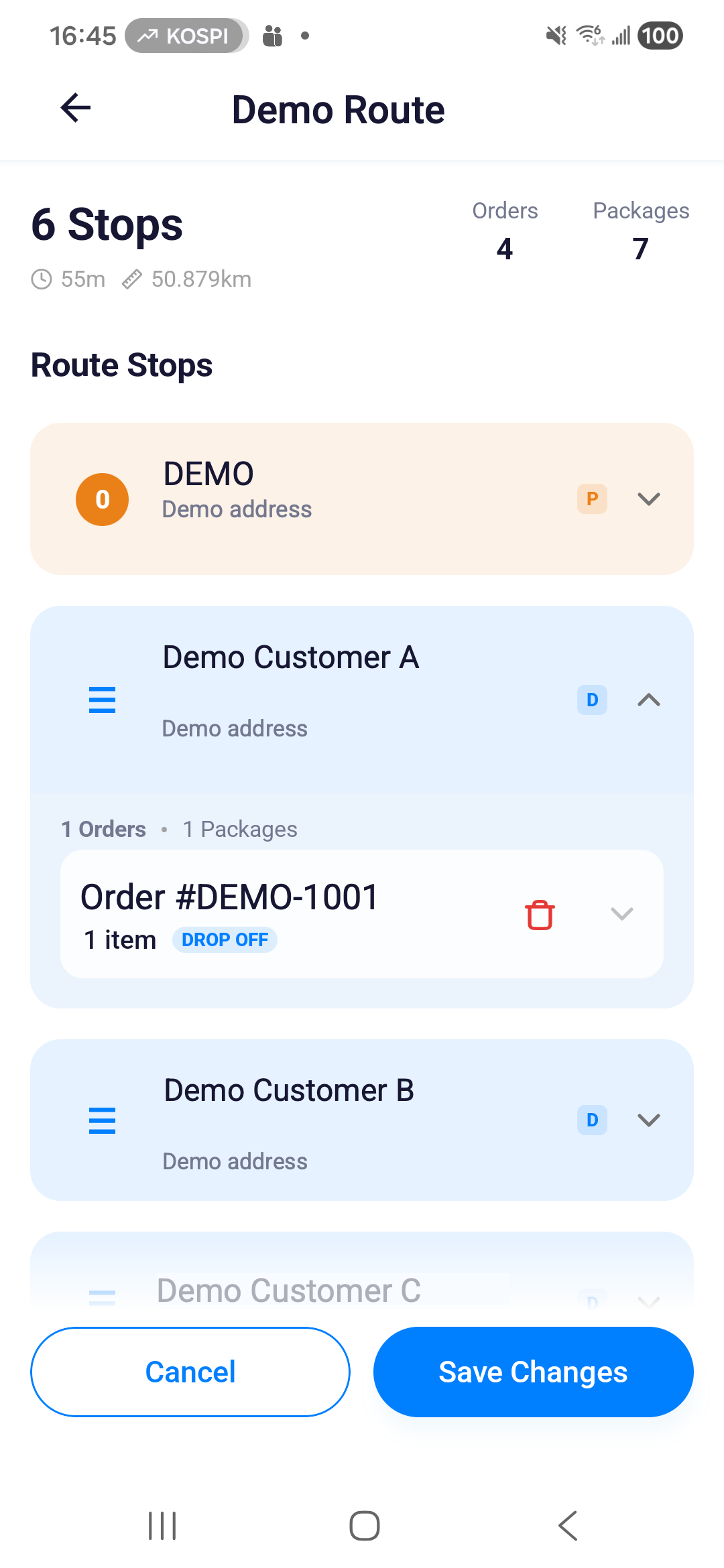 Android expanded stop with order DEMO-1001 and the red removal button