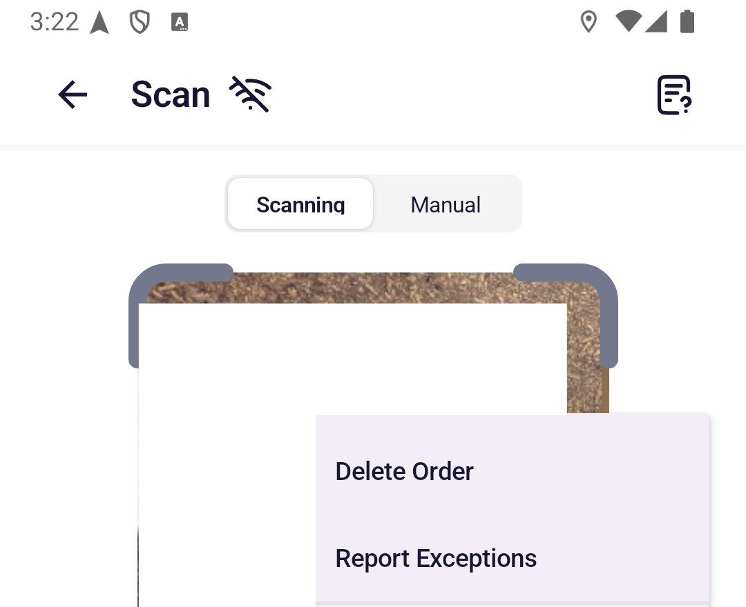 Android Scan menu showing Report Exceptions