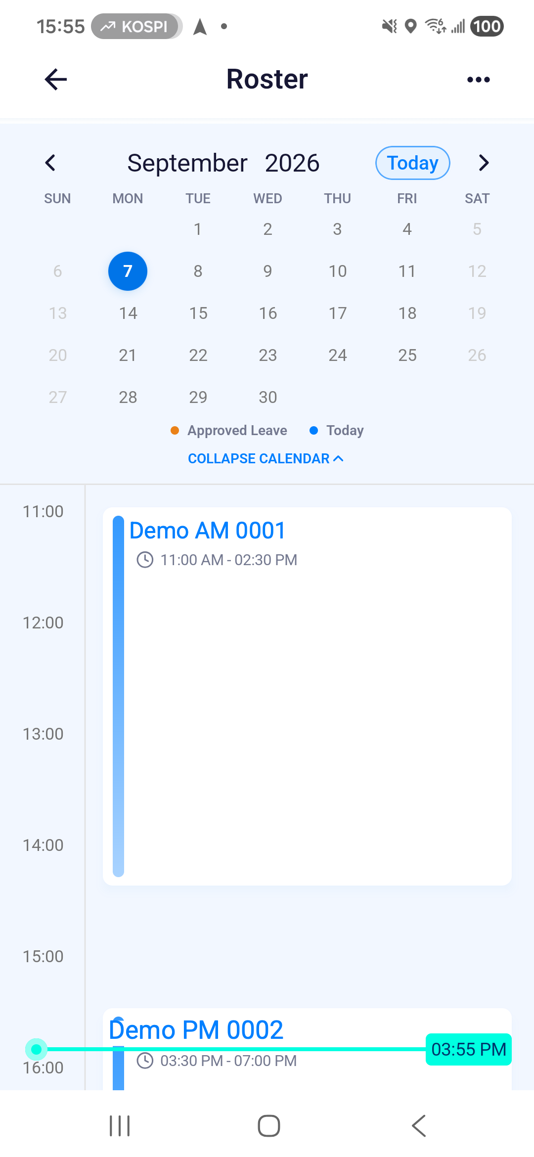 Android Roster showing the selected day and its scheduled shift cards