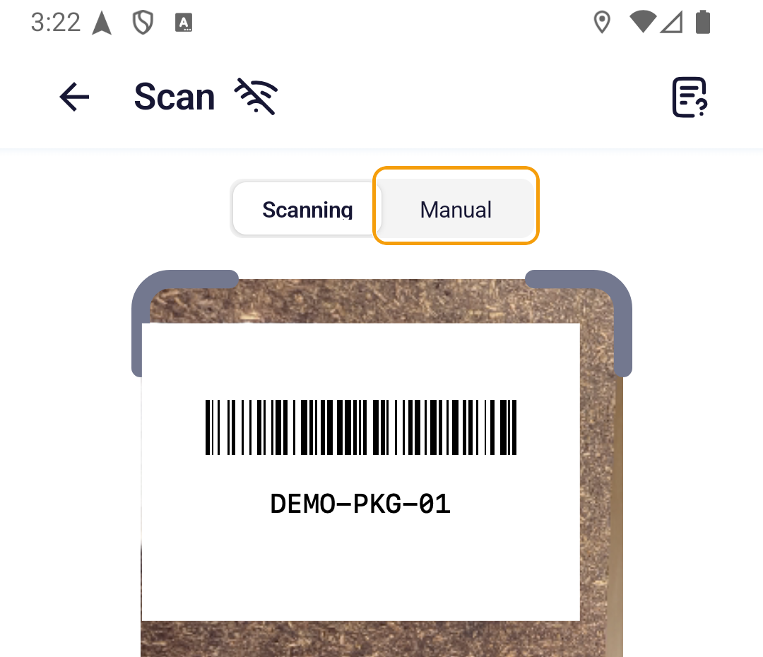 Tap Manual on the Android scan screen when the camera cannot read a barcode