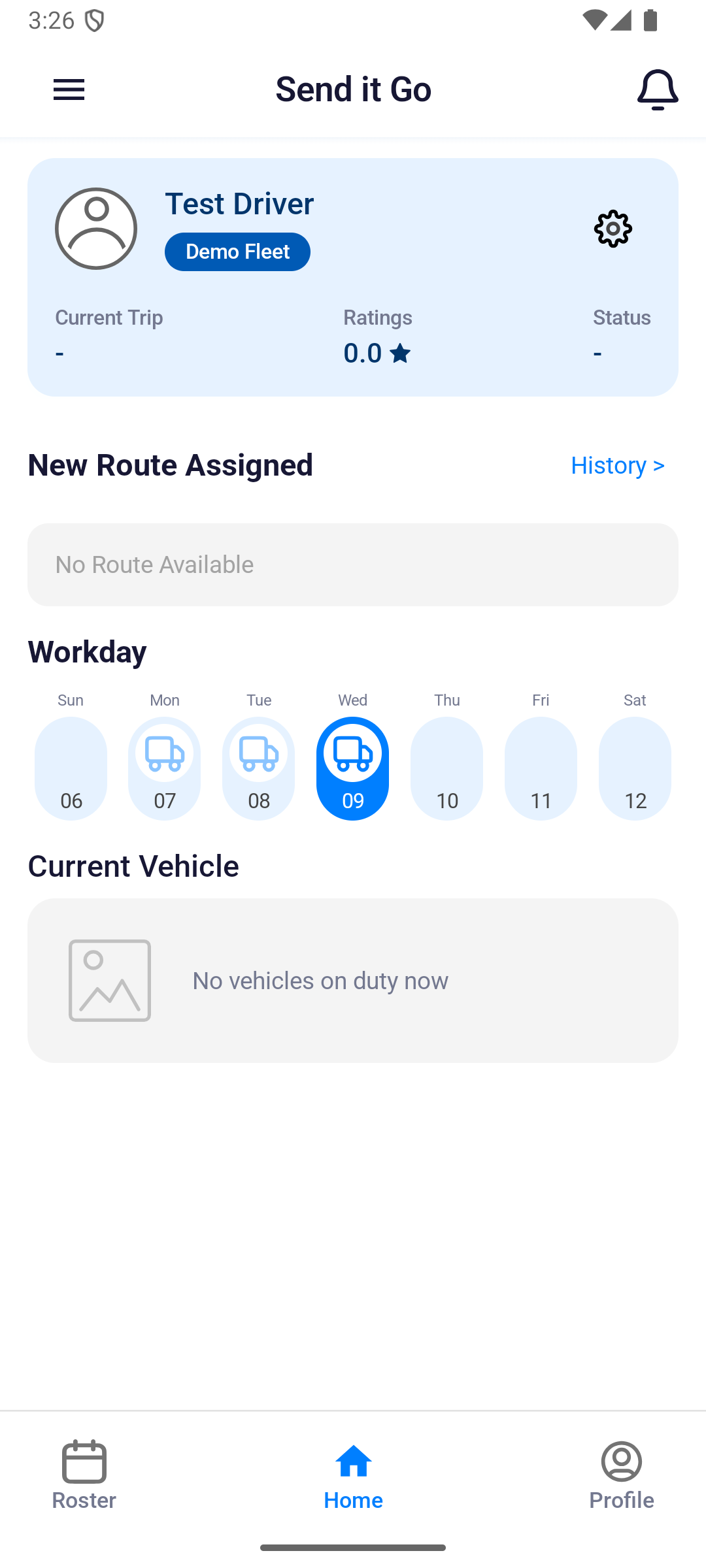 Driver app home showing No Route Available, because no run sheet is assigned to this driver yet