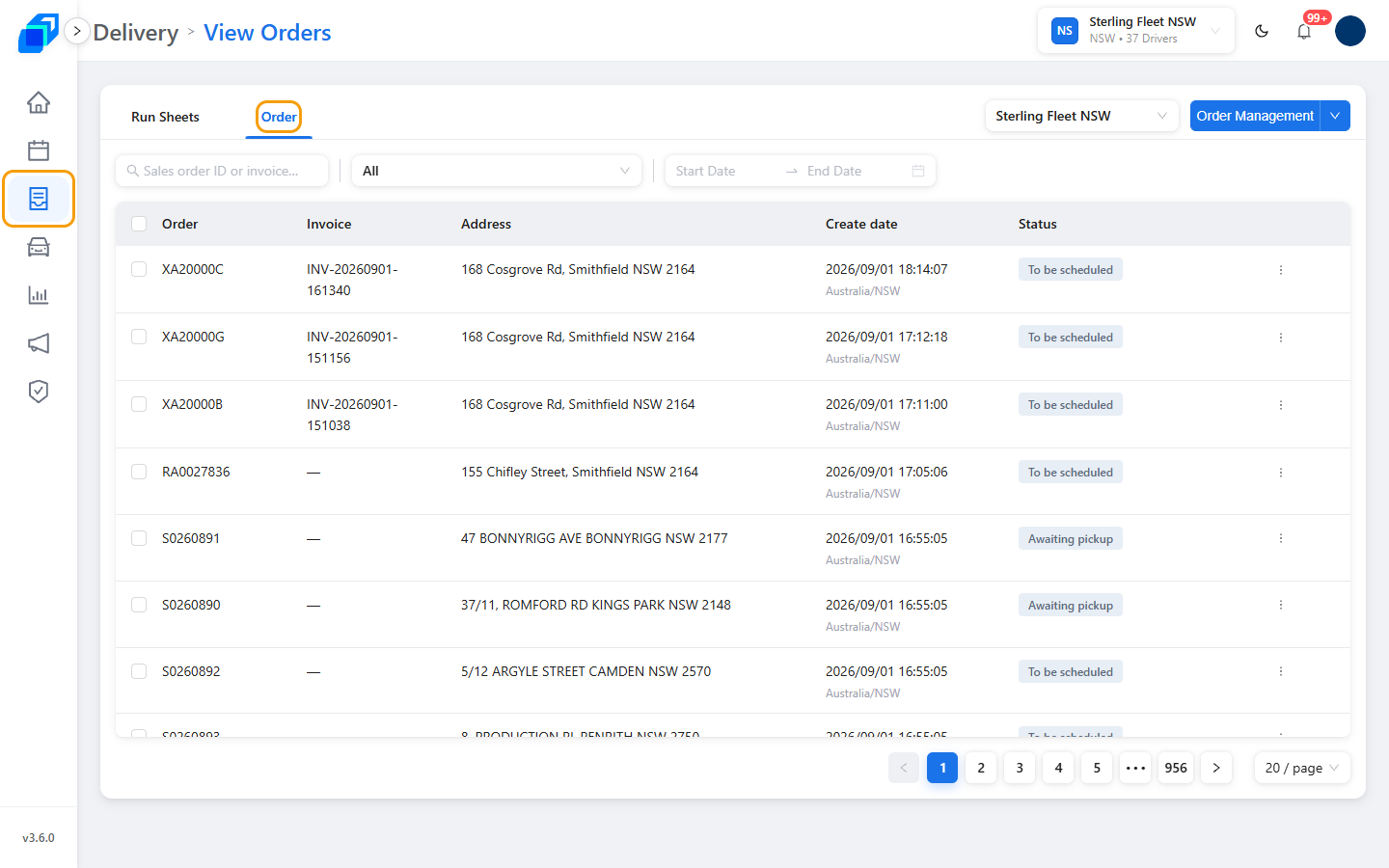 Delivery in the left menu and the Order tab, both marked