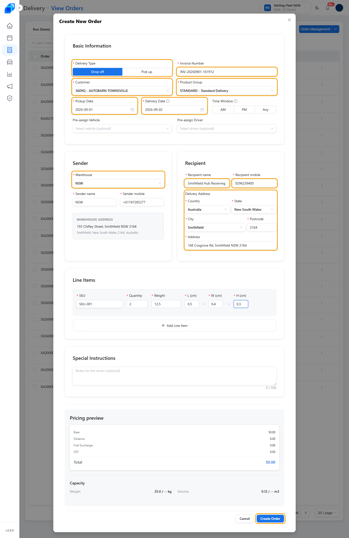 The whole form filled in, every field marked, with Create Order at the bottom