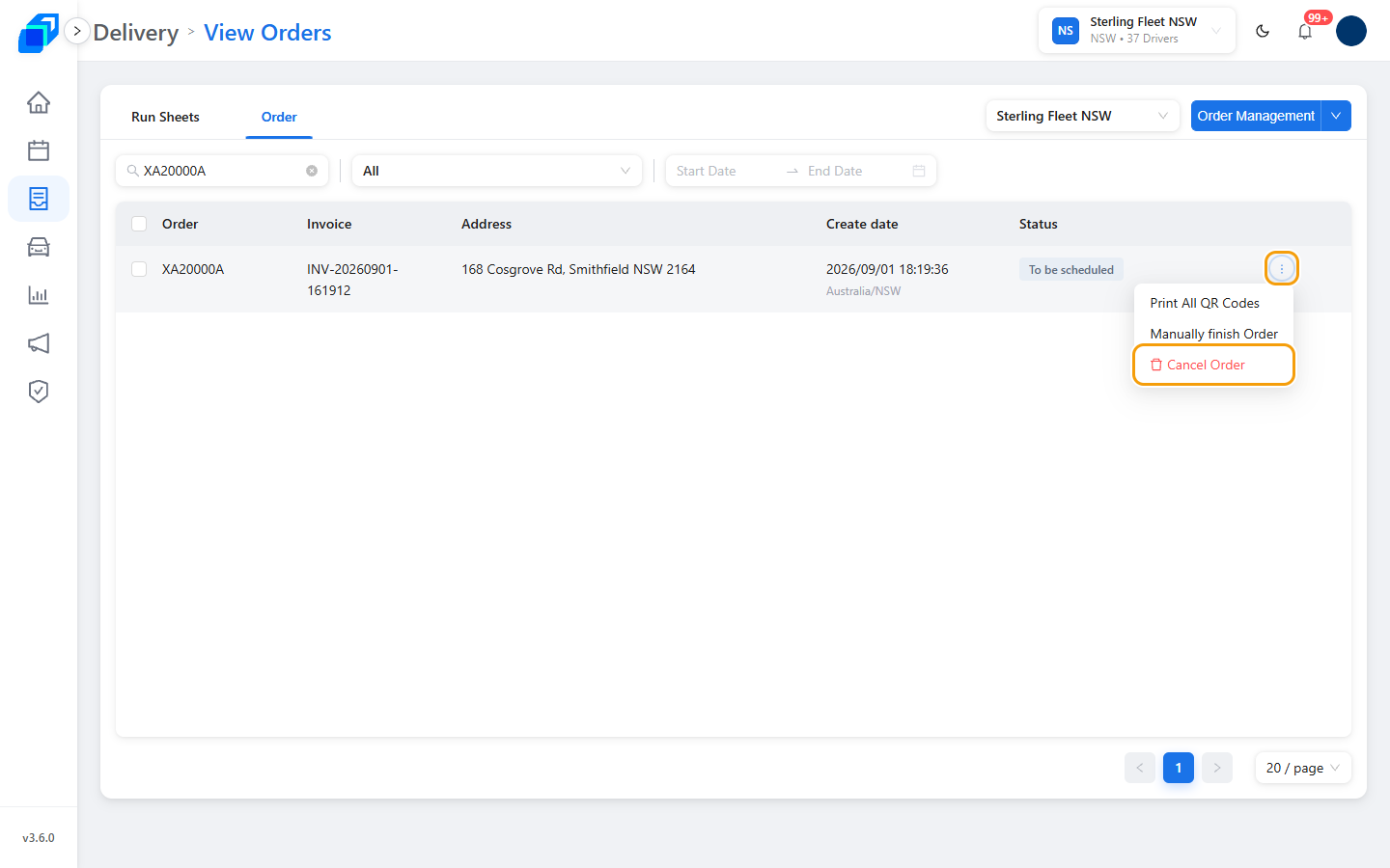 The row menu open on an in-progress order, with the menu button and Cancel Order marked