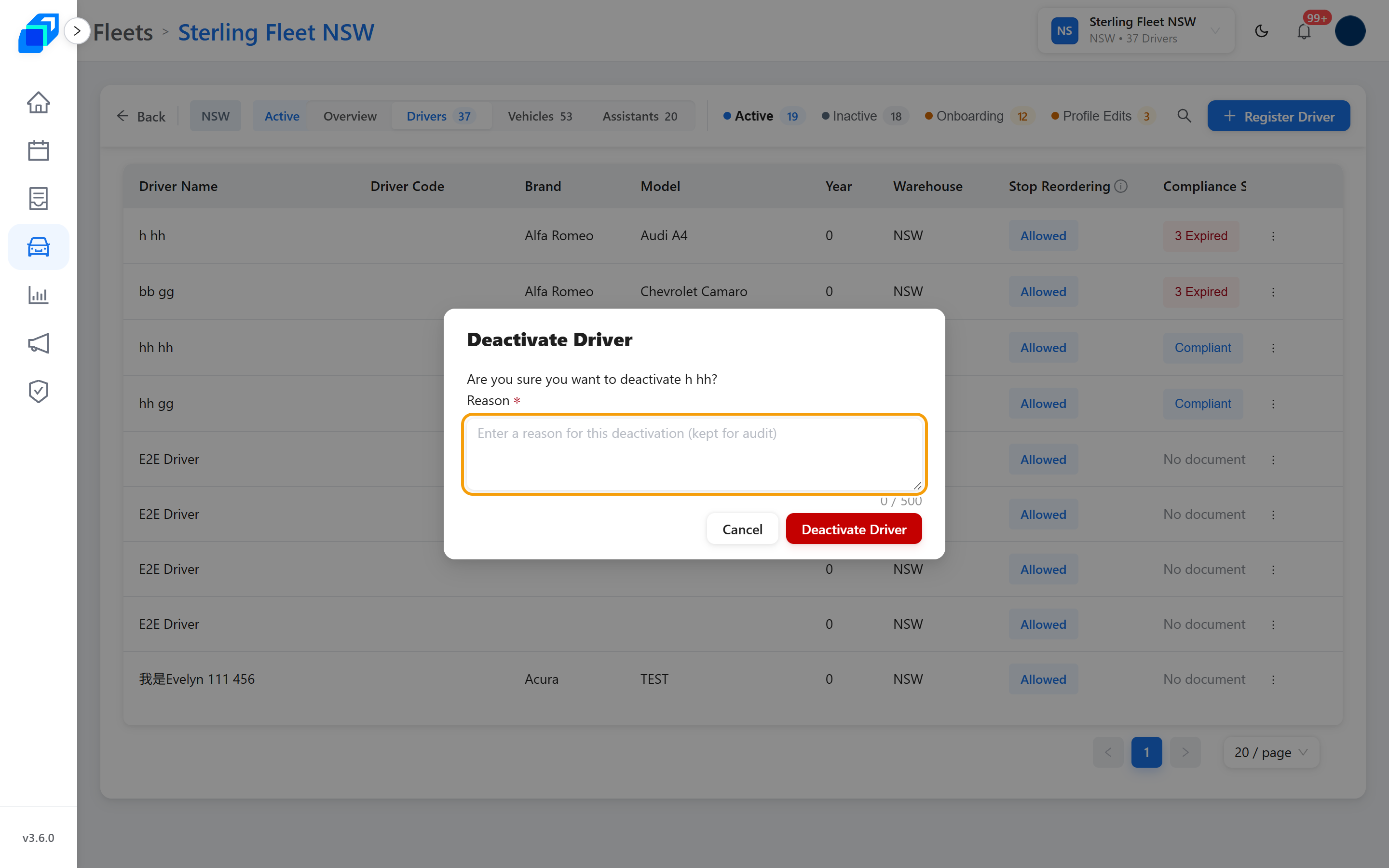 The Deactivate Driver dialog