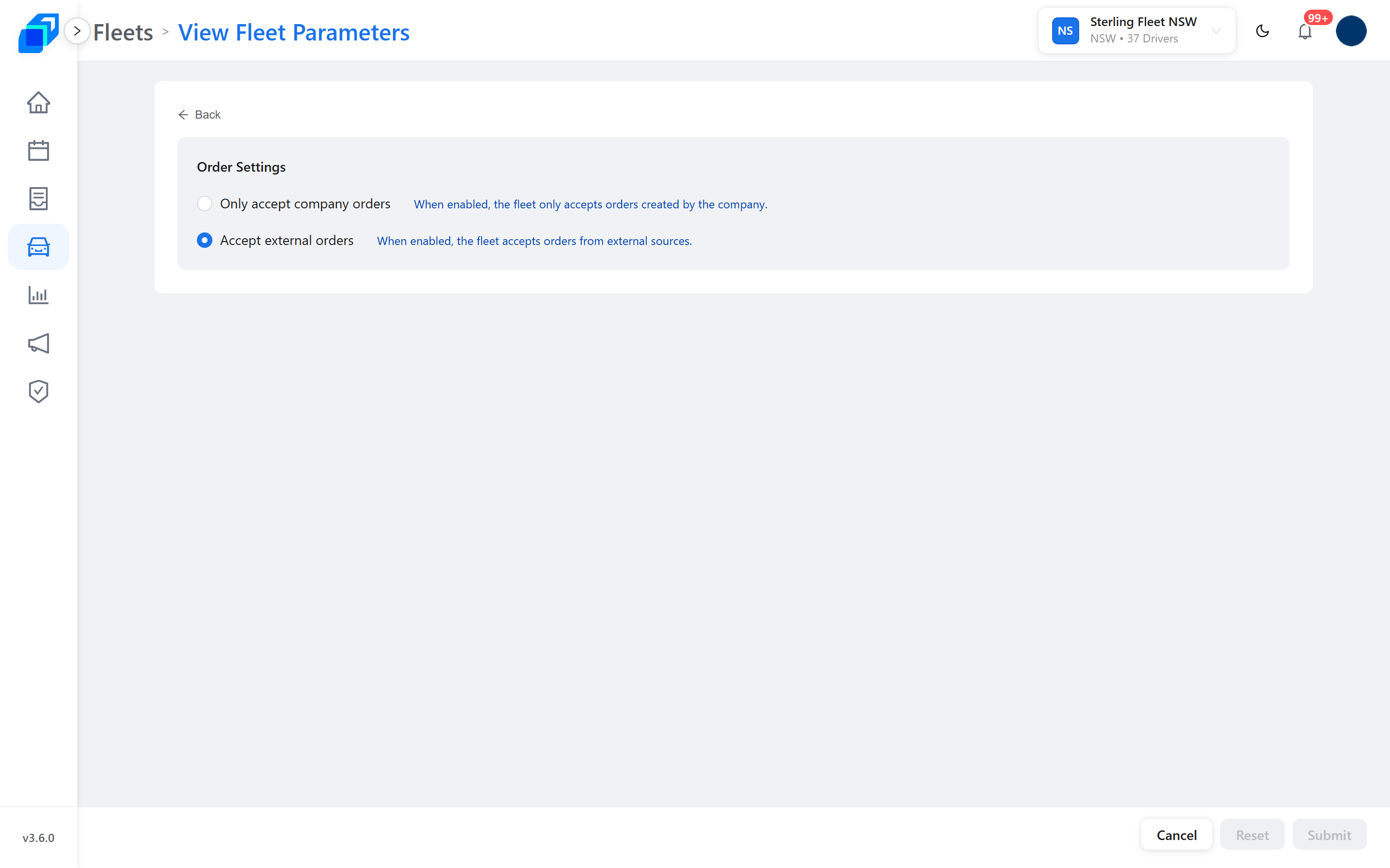 Fleet parameters, with Order Settings and the two choices