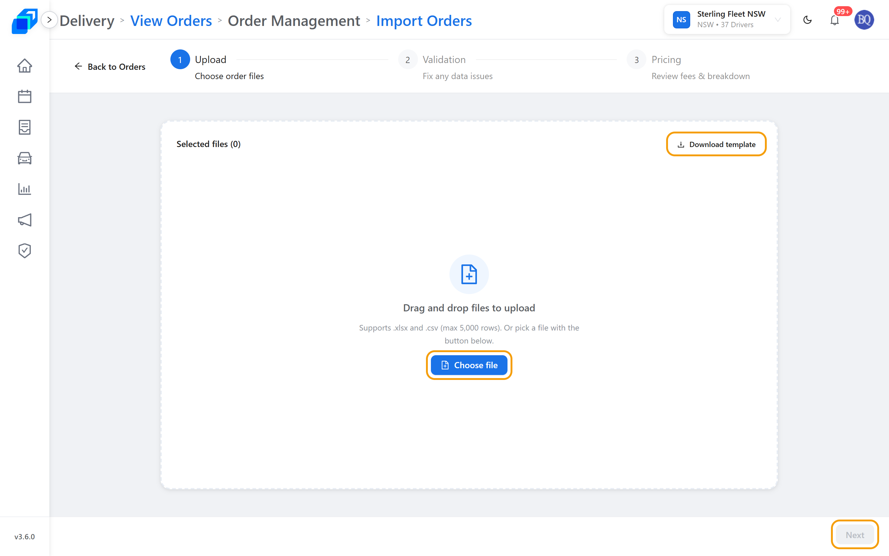 The Upload step, with Download template, Choose file and Next marked
