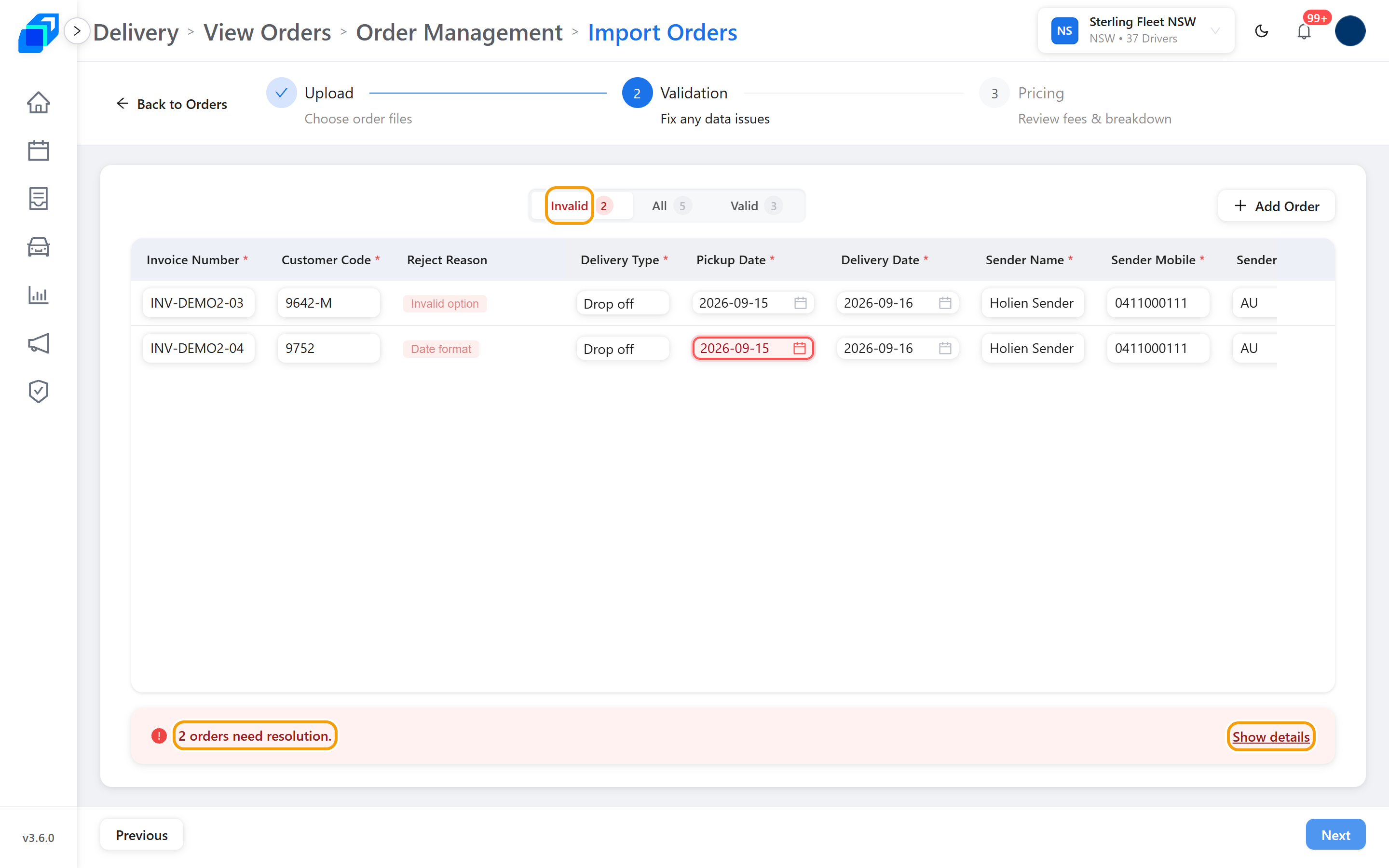 The Validation step with two rows to fix, the Invalid tab and the banner marked