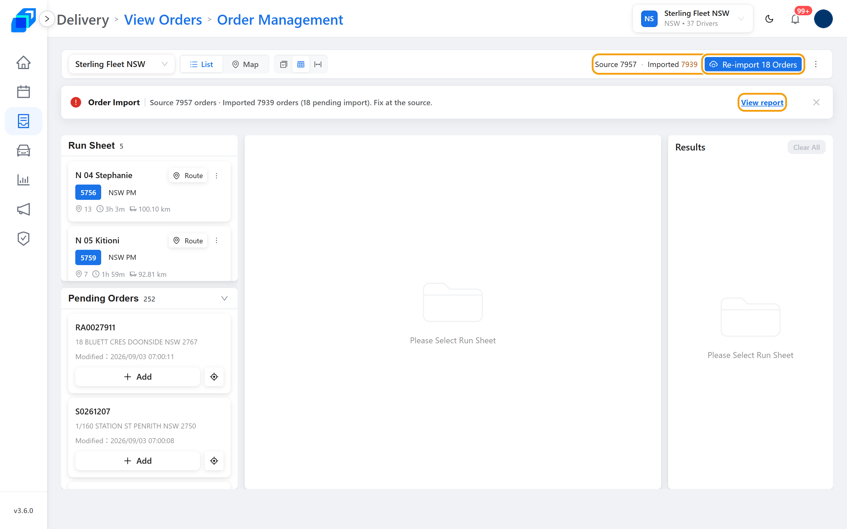 Order Management, with the count, the re-import button and the banner marked