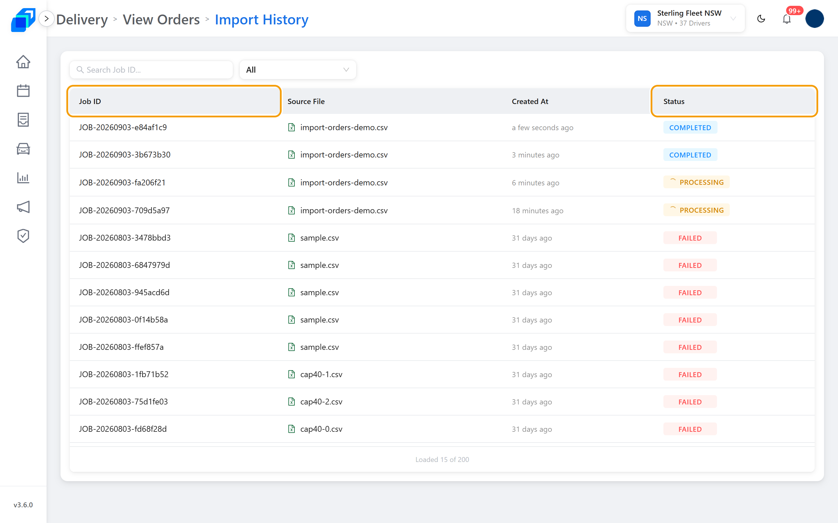 Import History, with Job ID and Status marked