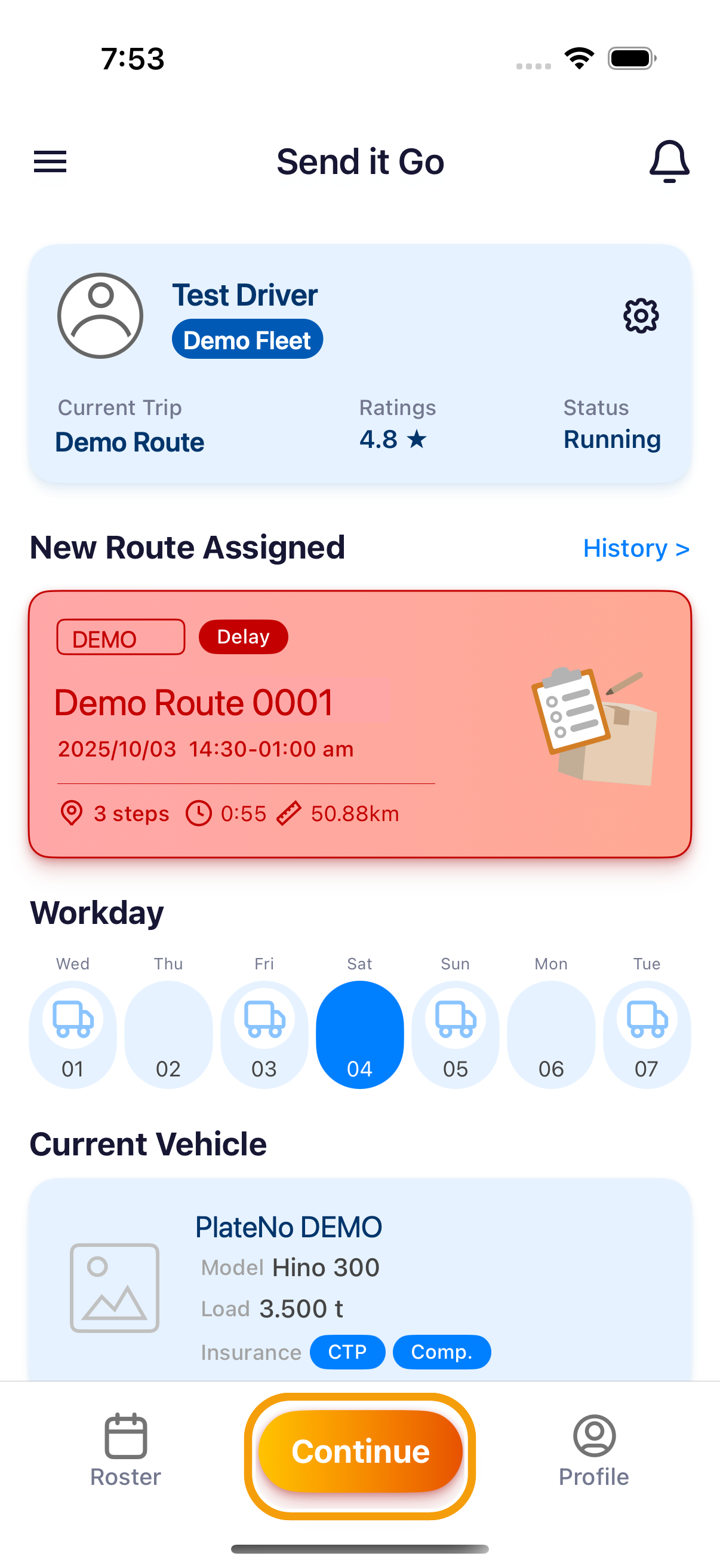 iPhone dashboard showing the Continue action for an active route