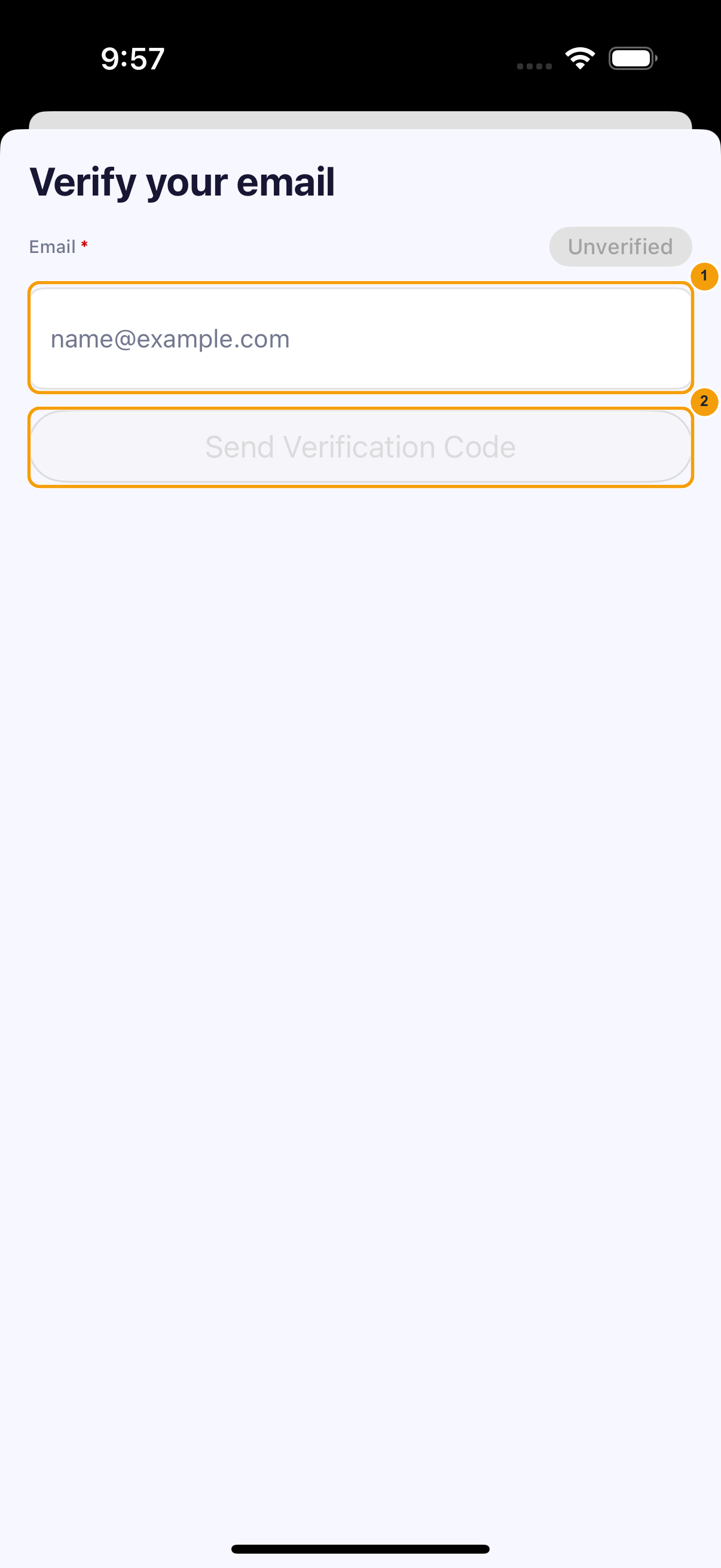 iPhone email verification sheet showing where to enter the email and send the code