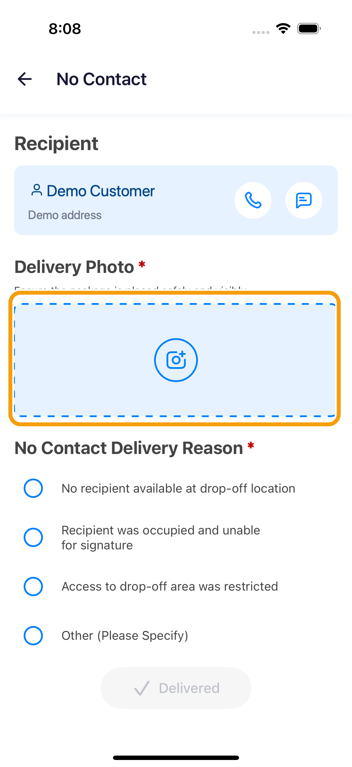No Contact screen with the required delivery-photo area highlighted