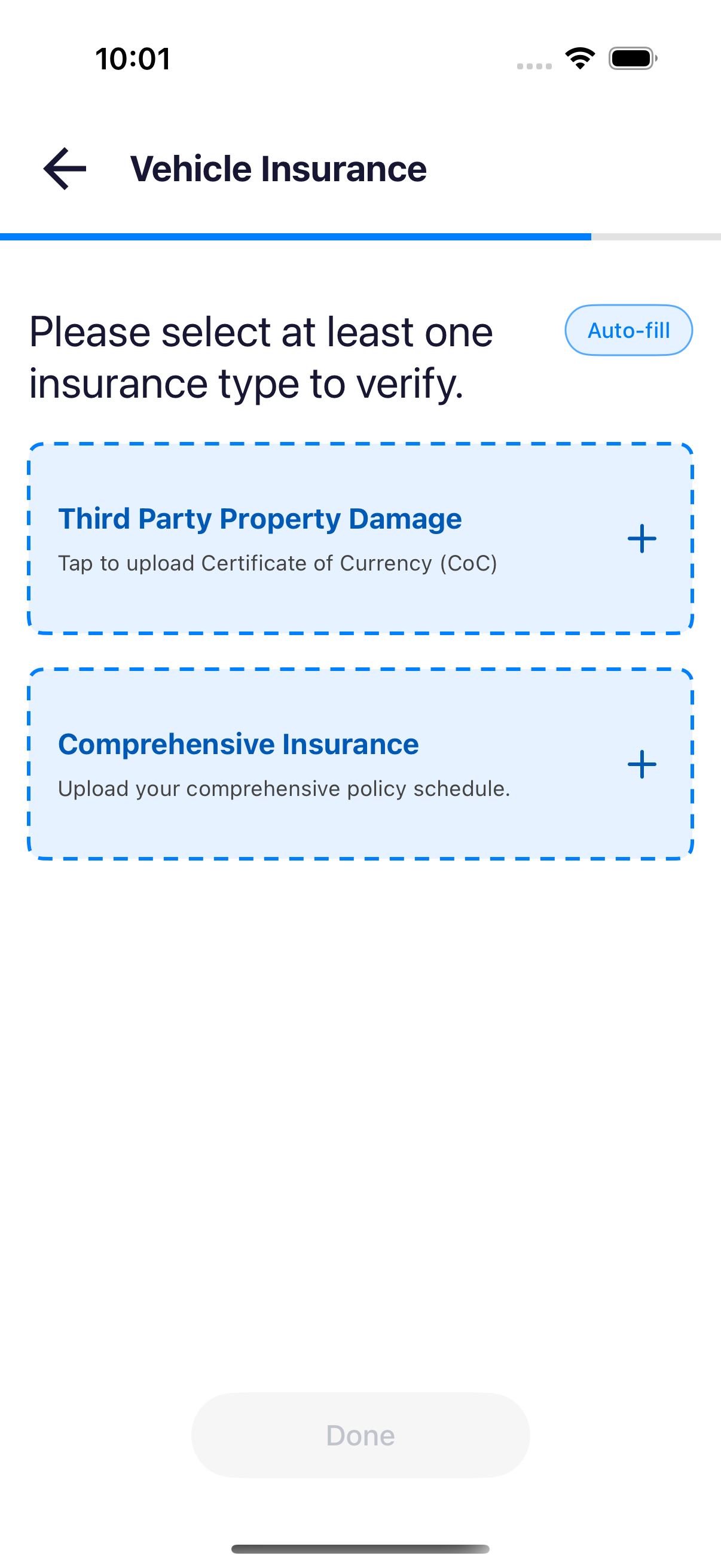 iPhone Vehicle Insurance screen showing the available upload areas