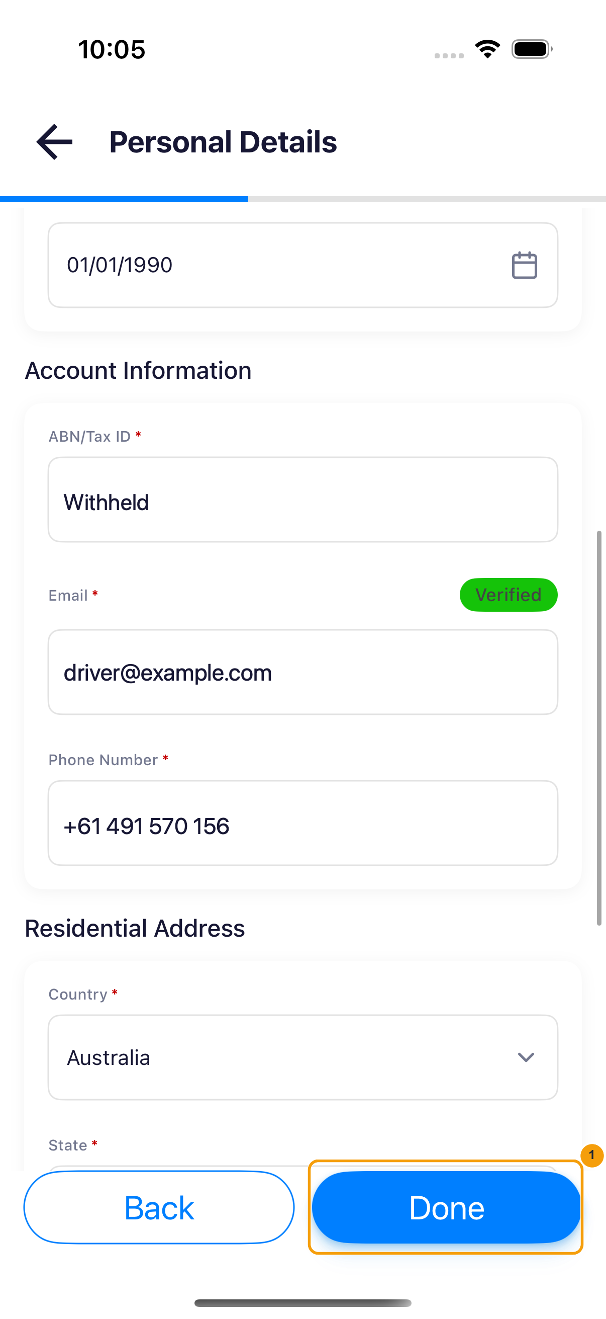 iPhone Personal Details screen with safe example data and Done highlighted