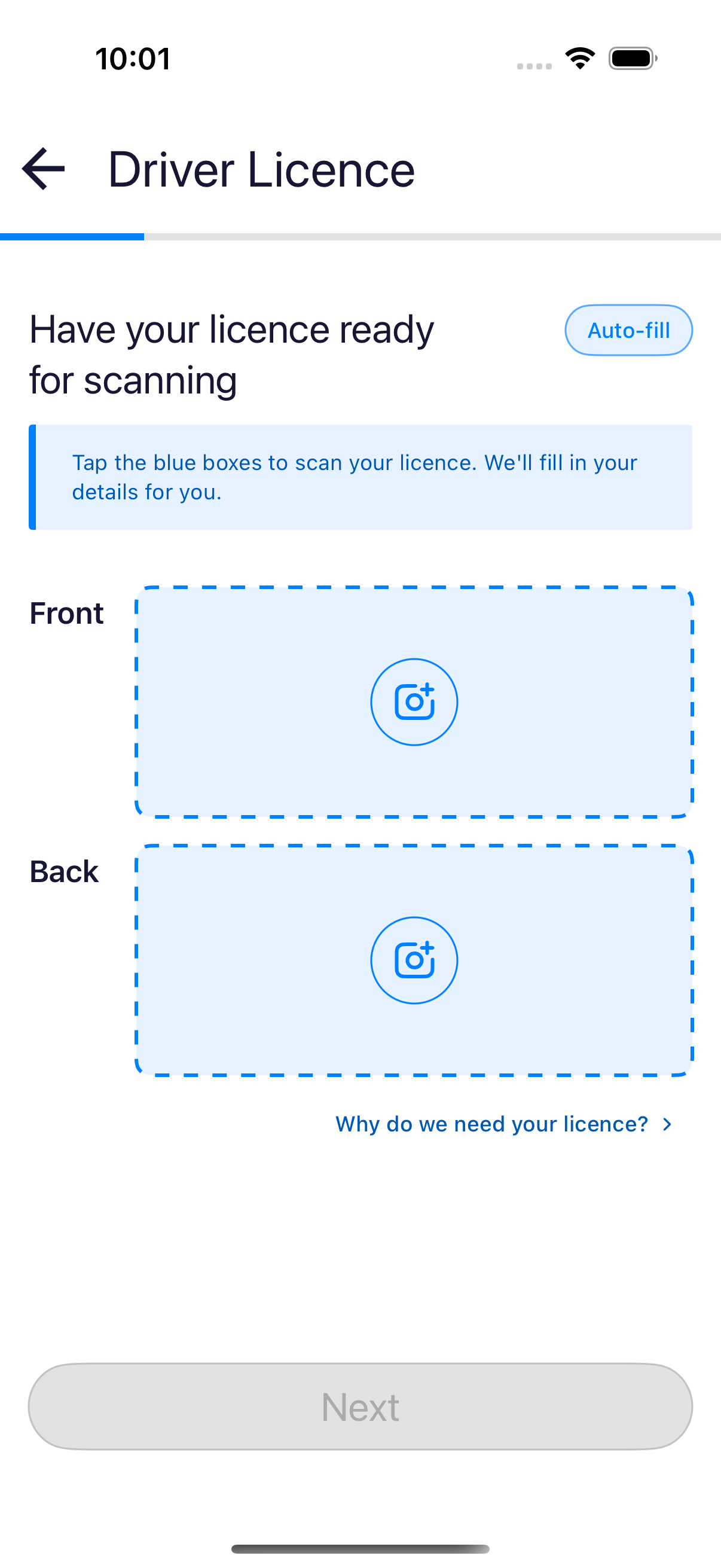 iPhone Driver Licence screen with front and back capture areas
