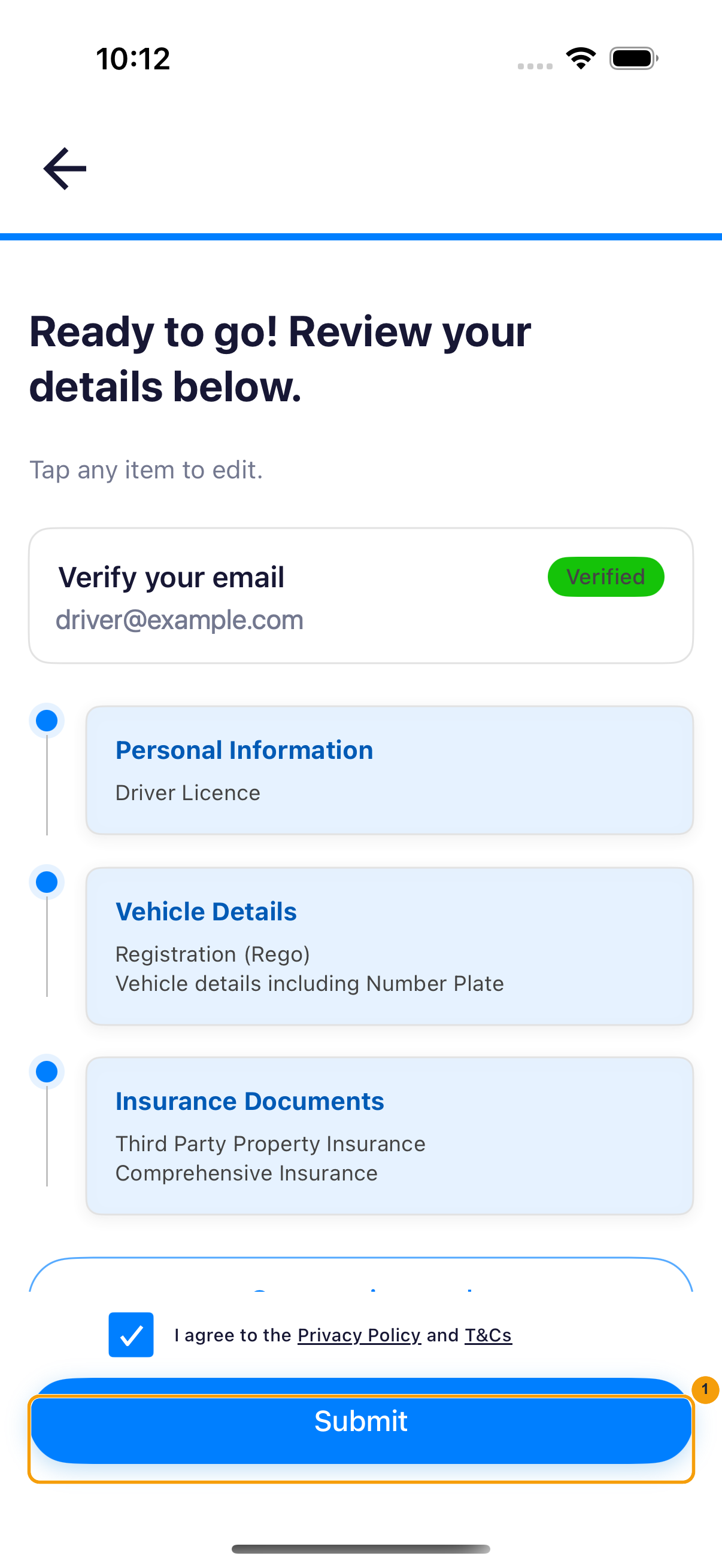 iPhone final registration review with the enabled Submit button highlighted