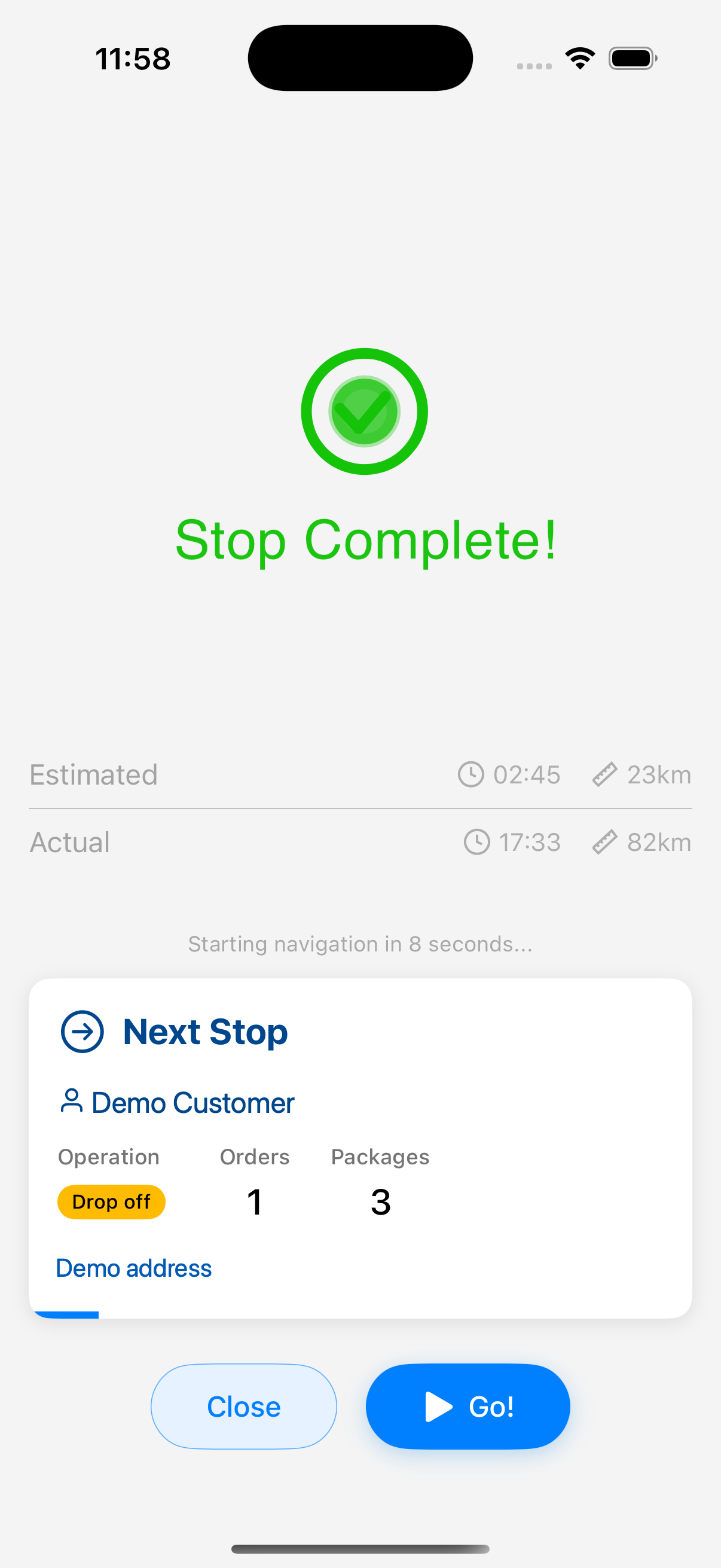iPhone Stop Complete screen showing next stop and Go
