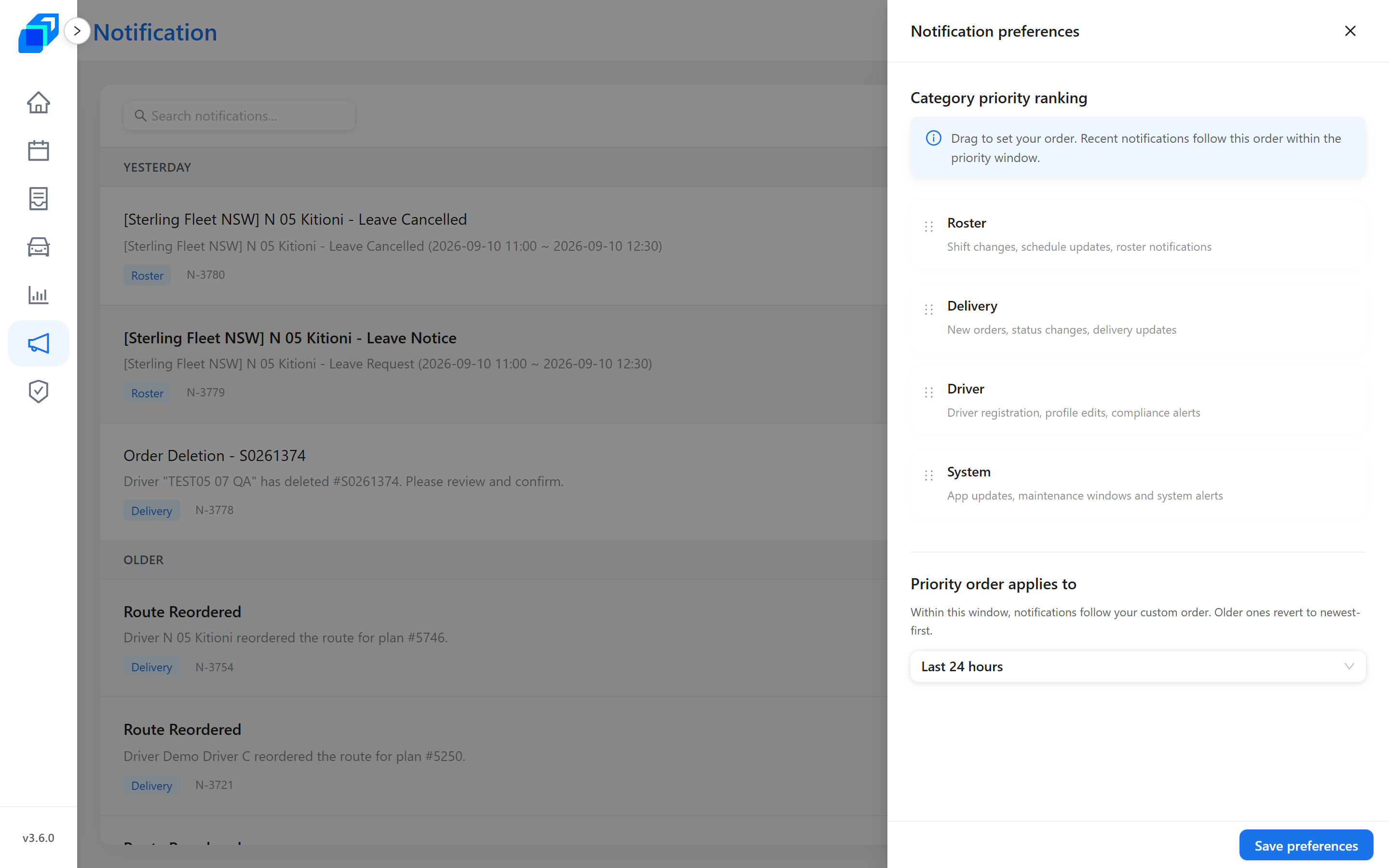 The Notification preferences dialog