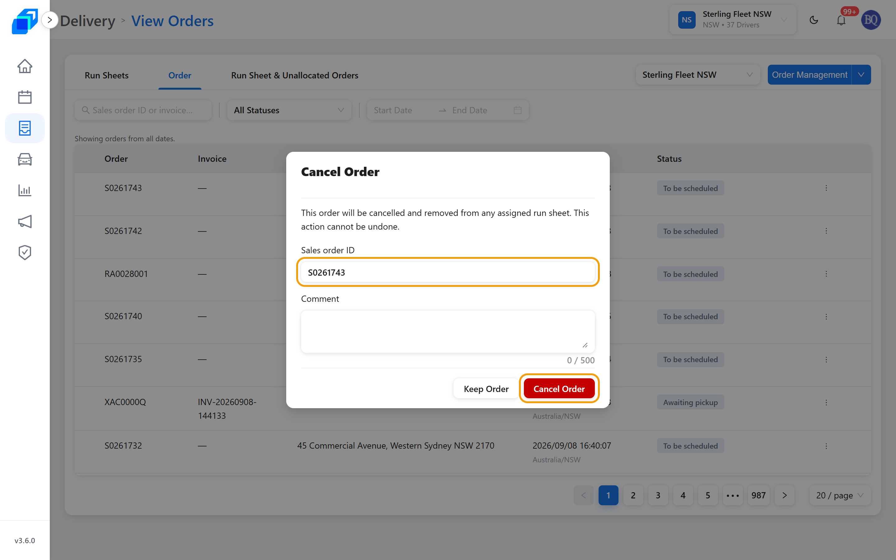 The Cancel Order dialog – Comment and the Cancel Order button
