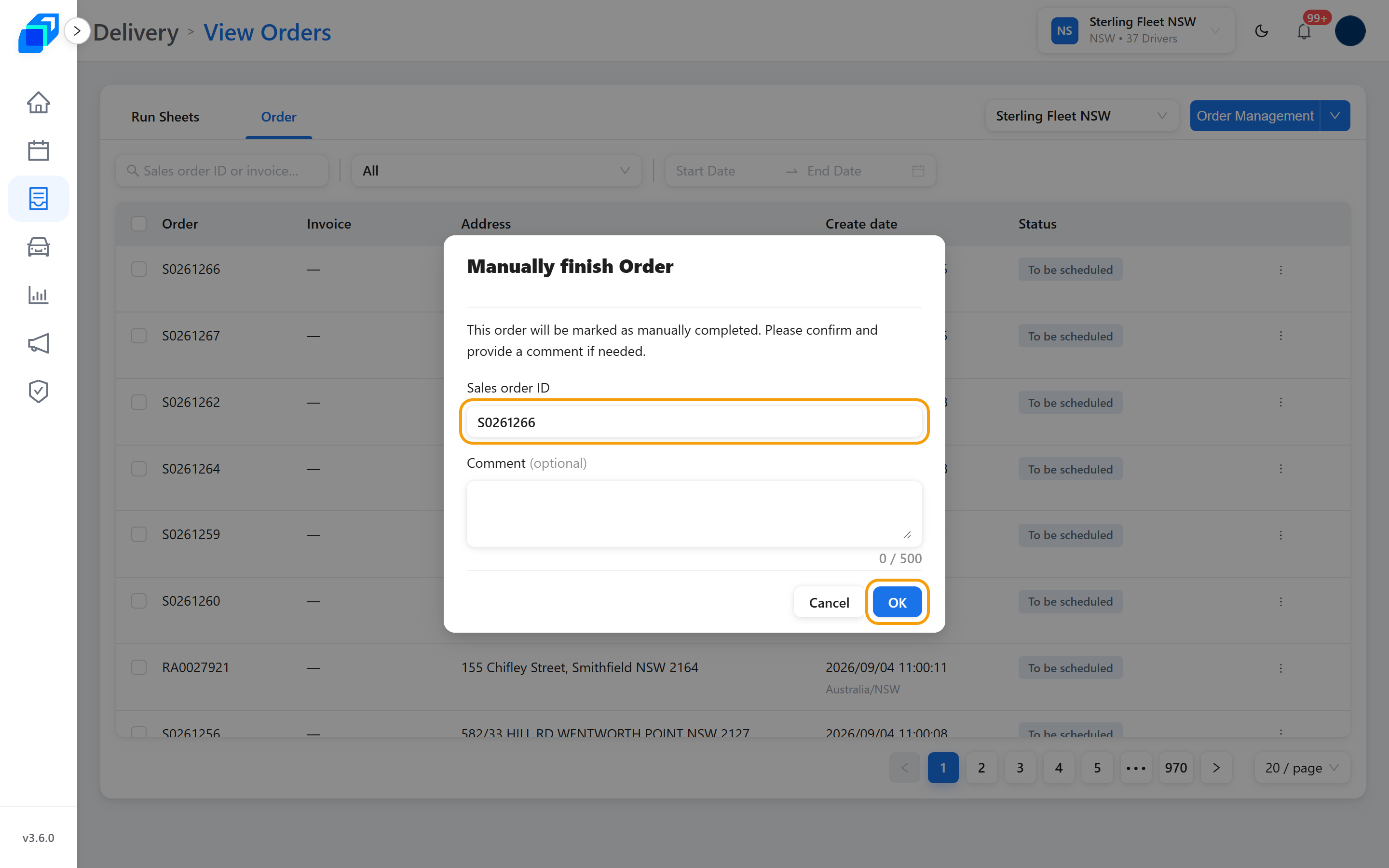 Manually finish Order – the Comment box and OK