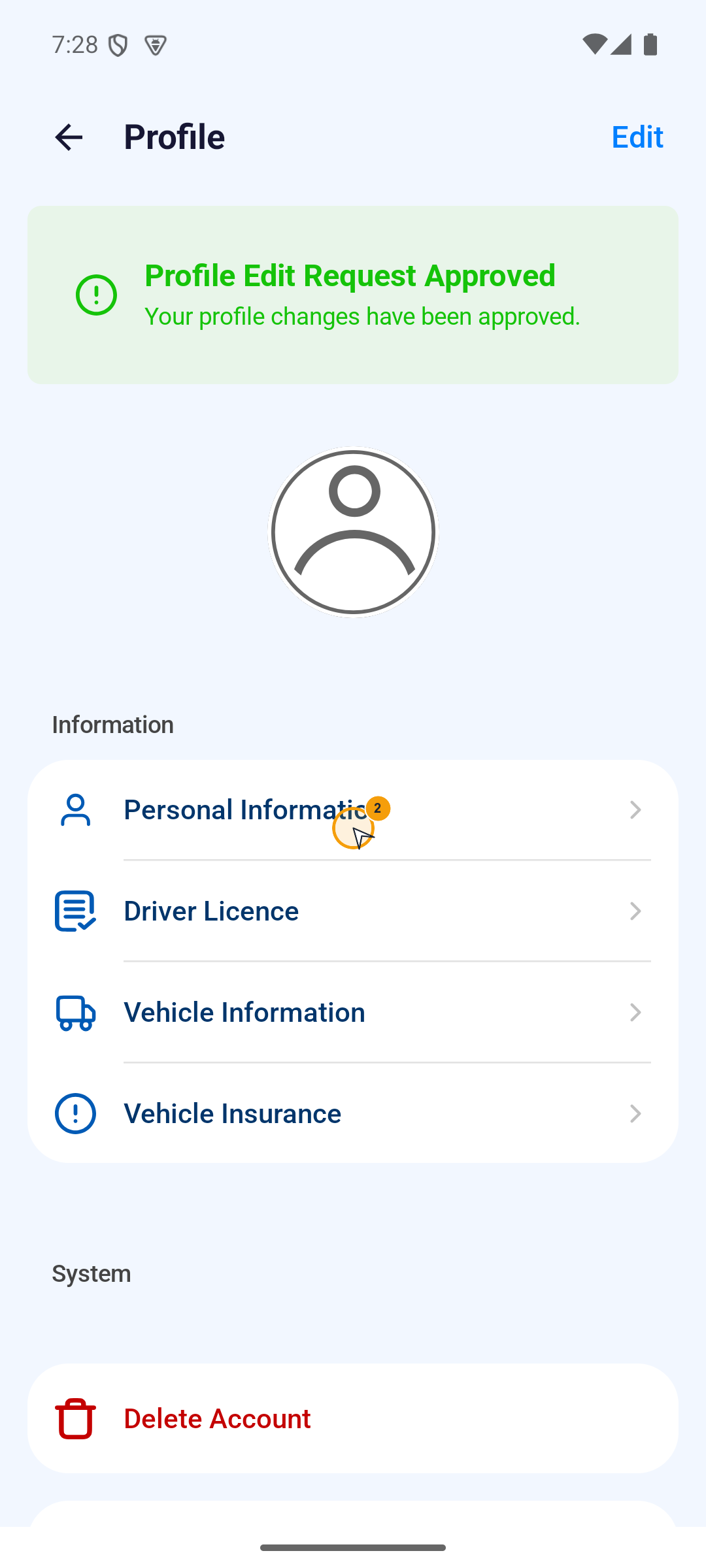 Android Profile listing Personal Information, Driver Licence, Vehicle Information, and Vehicle Insurance