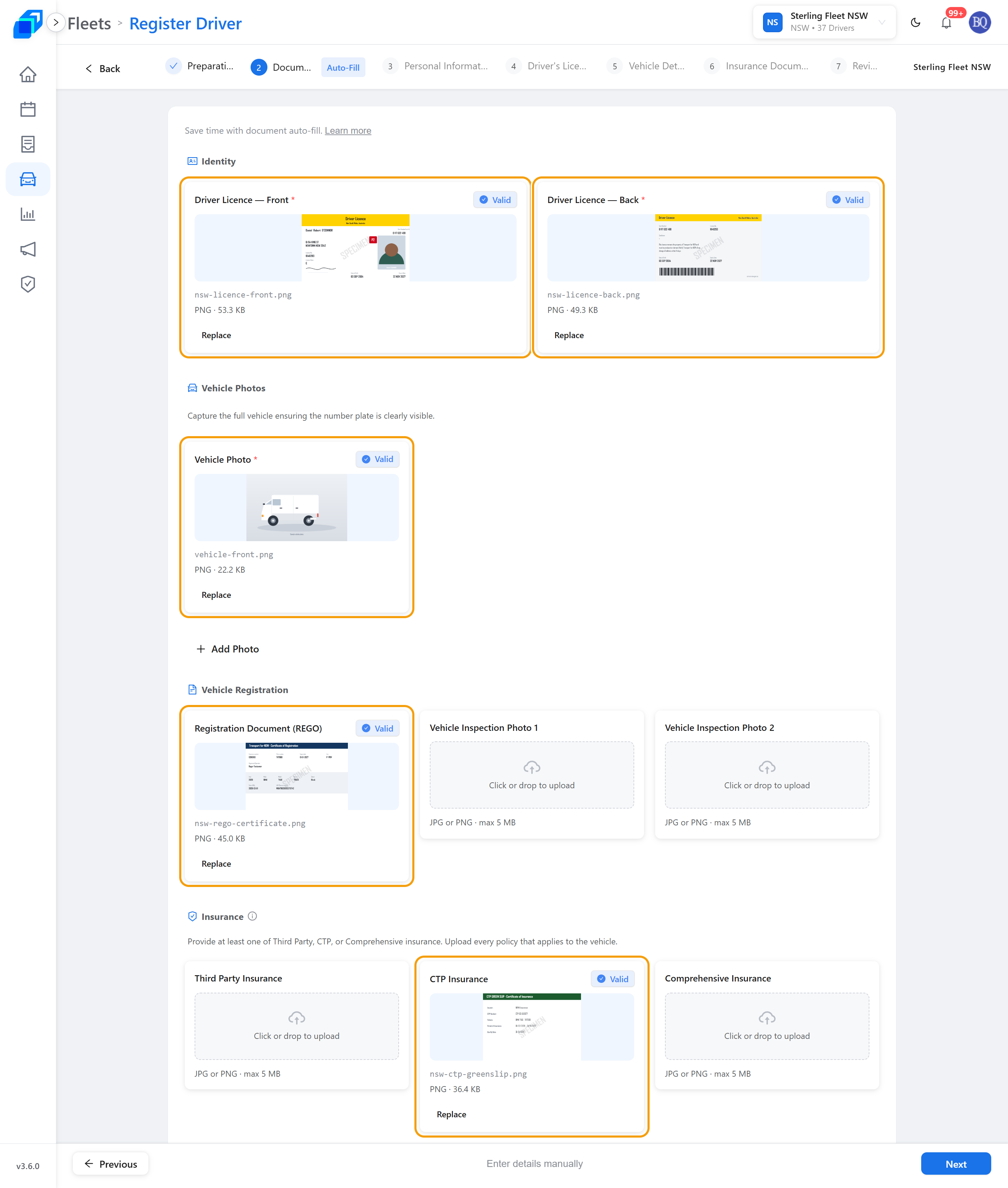 The Documents step with all five uploads marked, each reading Valid
