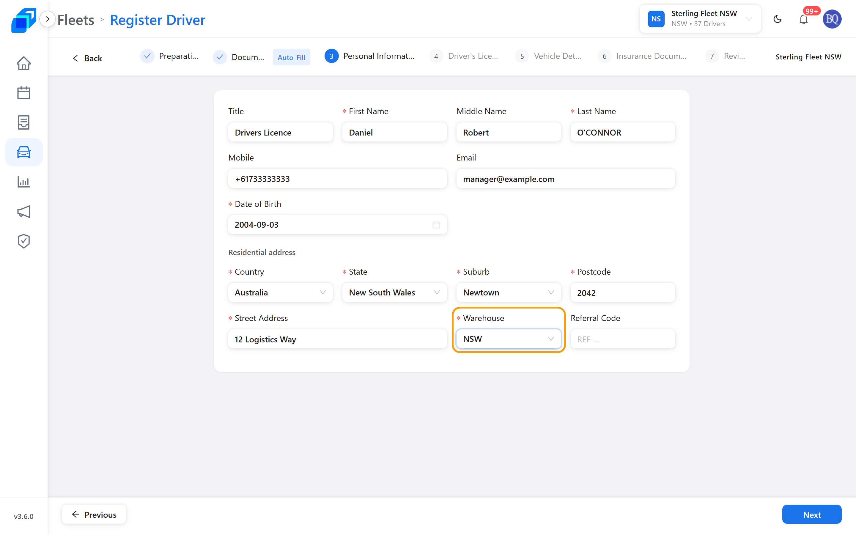 Personal Information, with the Warehouse picker marked