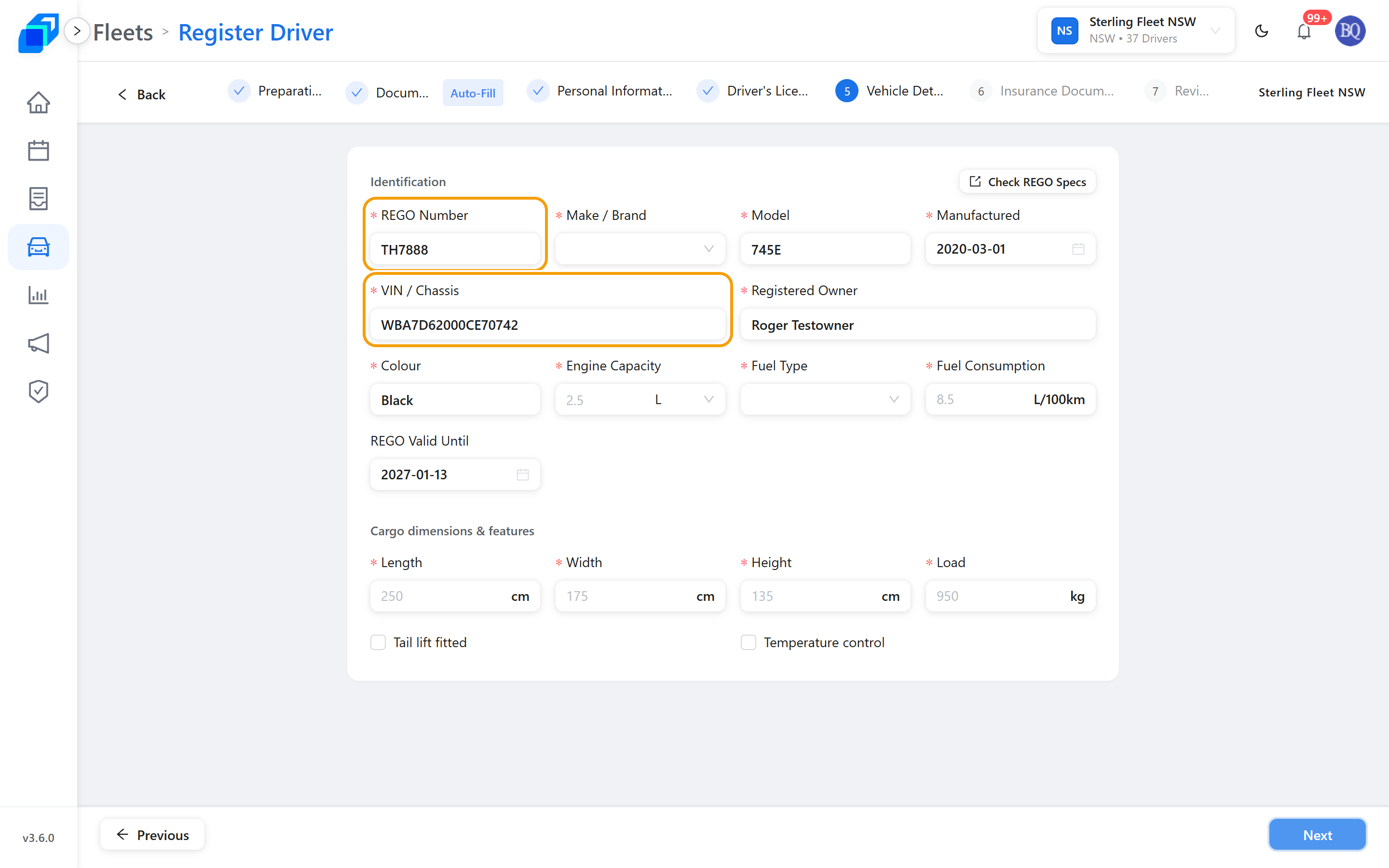 Vehicle Details, with the fields filled in from the registration document marked