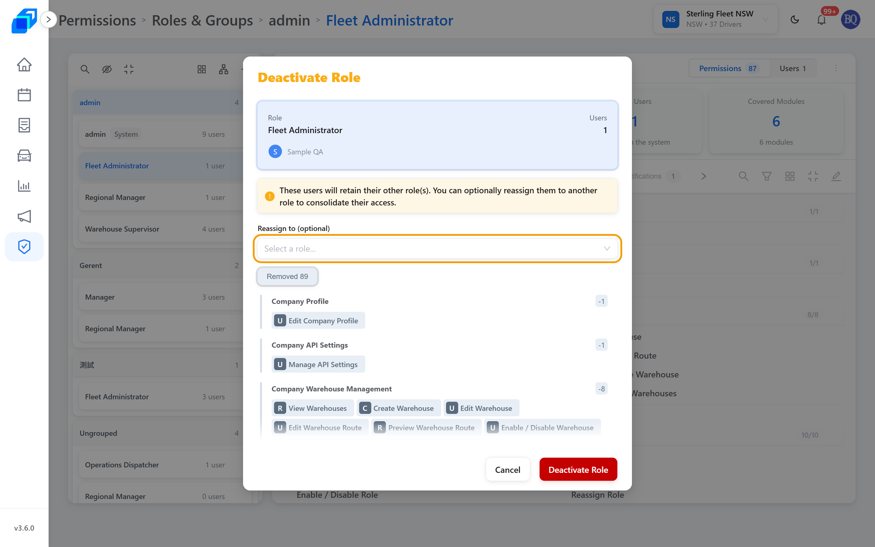 Deactivate Role on a role with a member, with the Reassign to picker marked