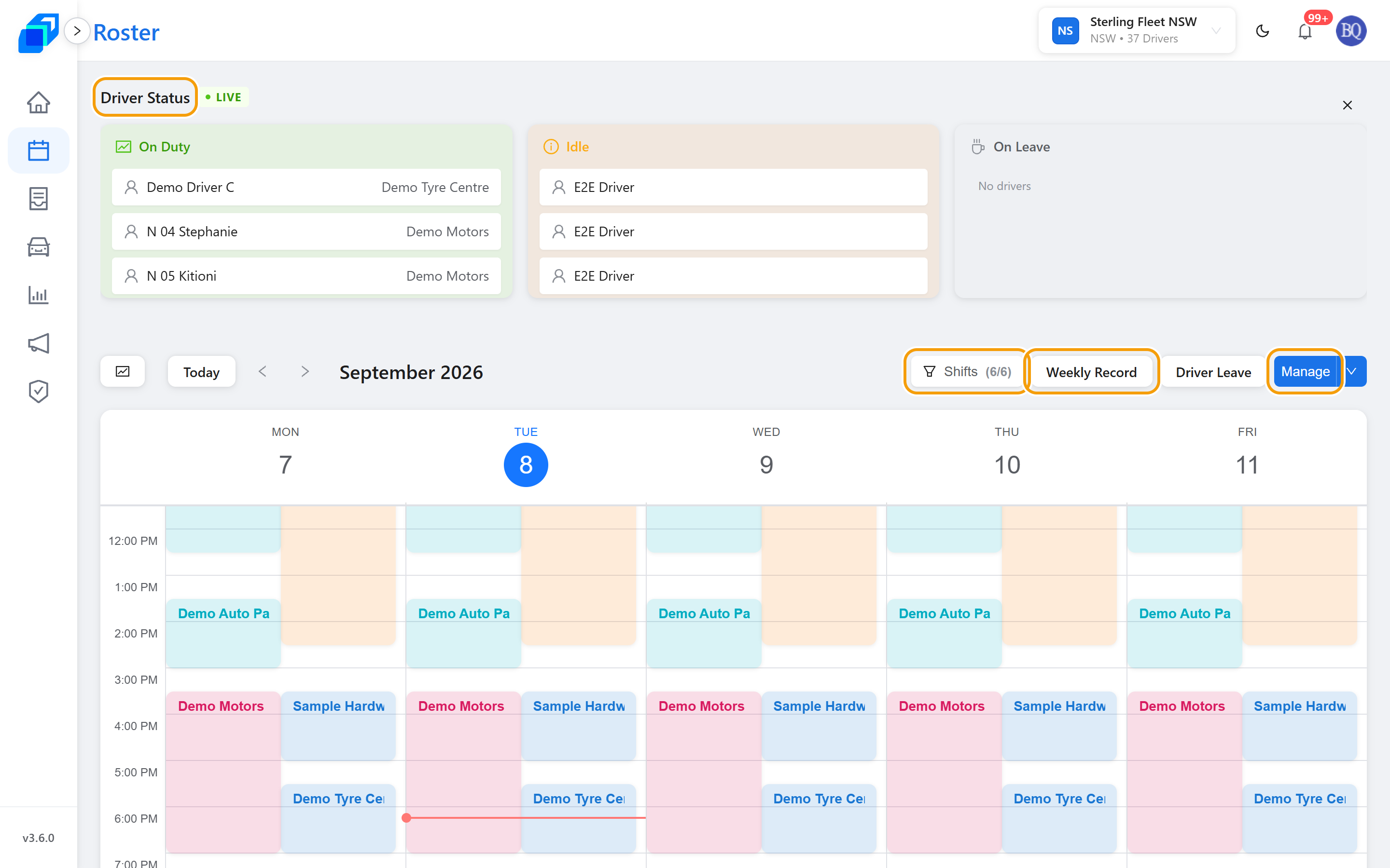 Roster calendar – Driver Status, shifts on the week