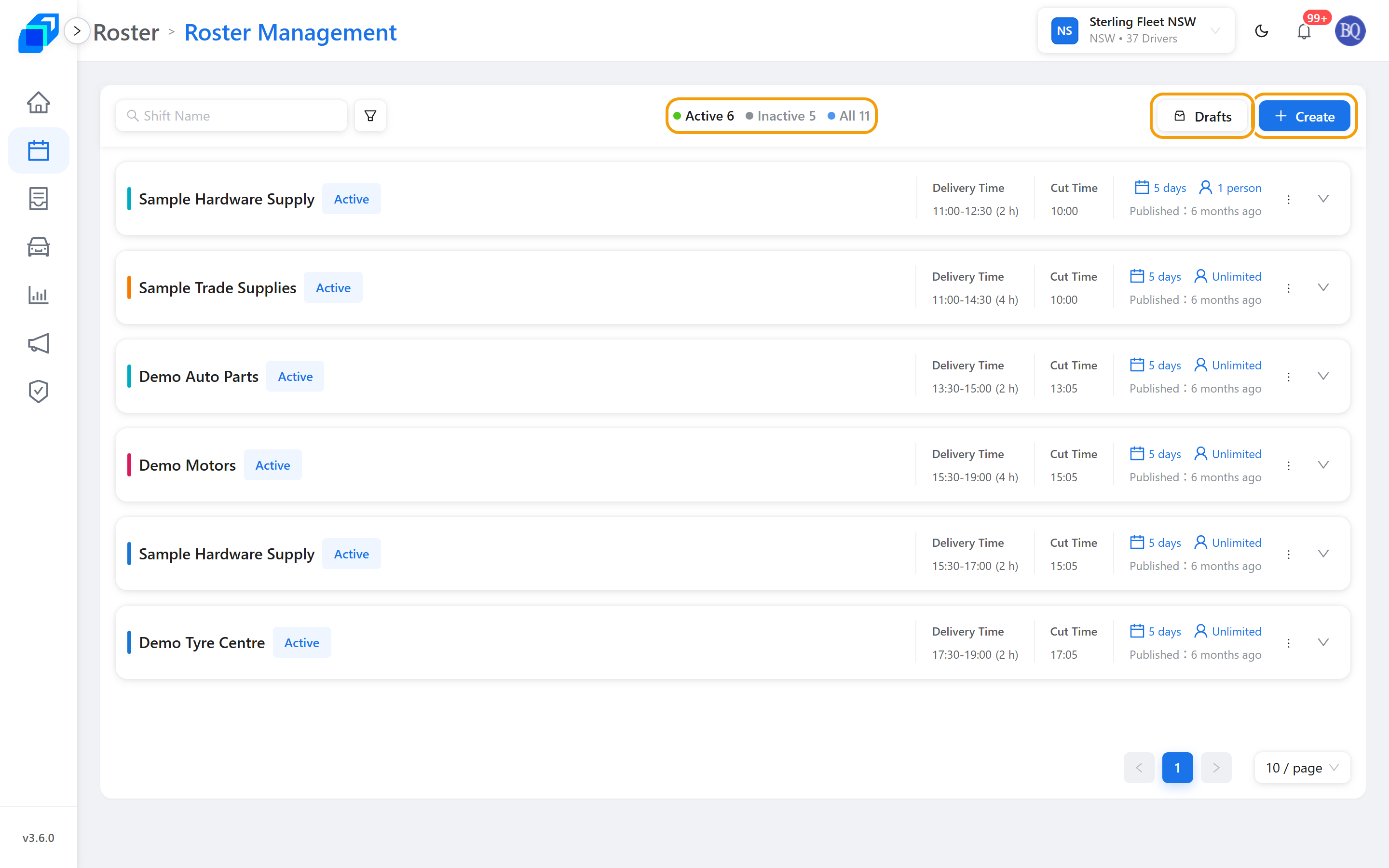 Roster Management – Active shifts, Drafts, Create
