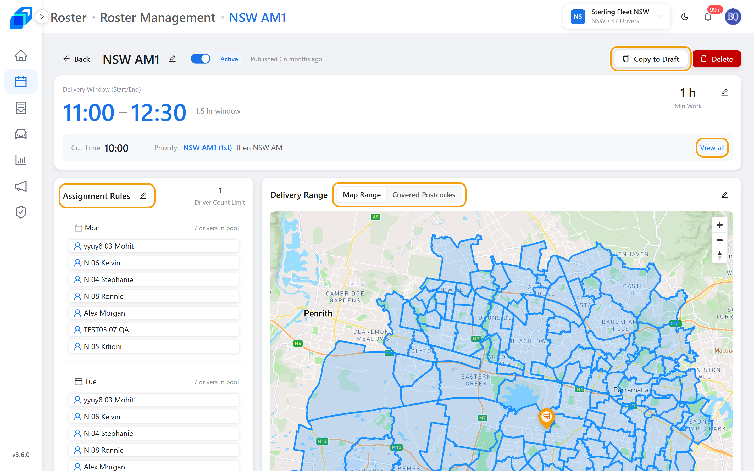 Shift Details – times, priority, driver pool, Map Range