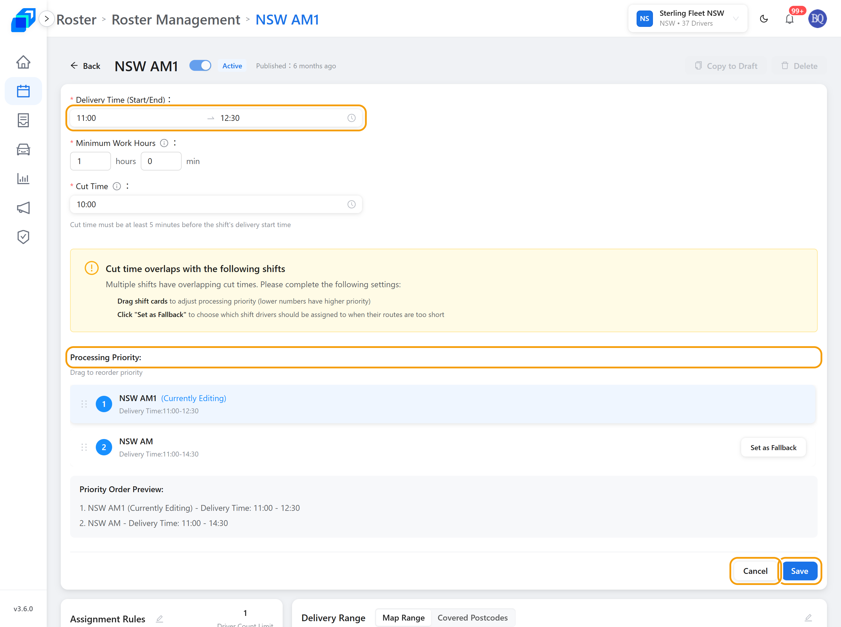 Editing the times – Delivery Time, the overlap warning, Processing Priority, Save