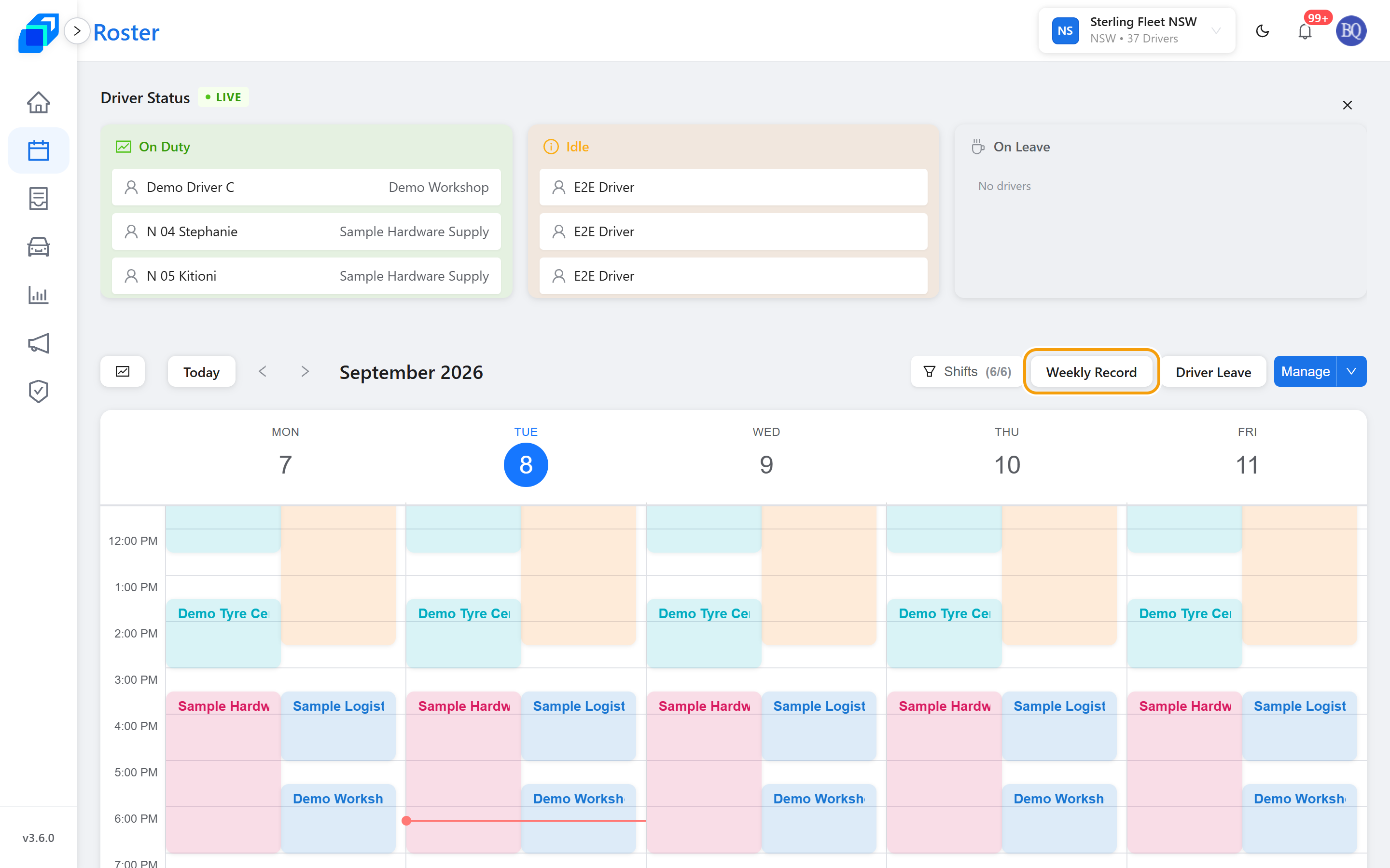 The roster calendar, with Weekly Record marked